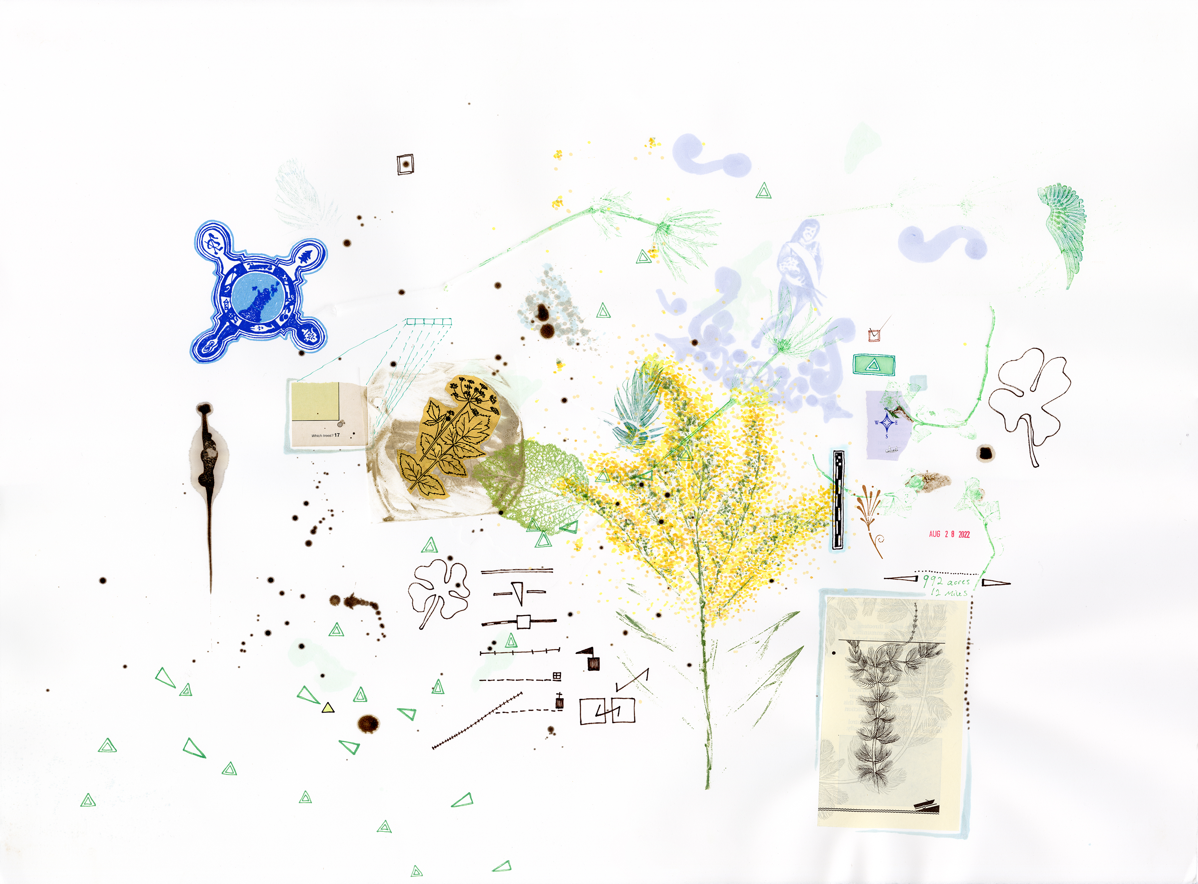 Drawing 15/56 from 56 days at the Dome House 22.5 x 30 inches, ink, Chine-collé, etching and stamps on Arches 88 paper- BUY