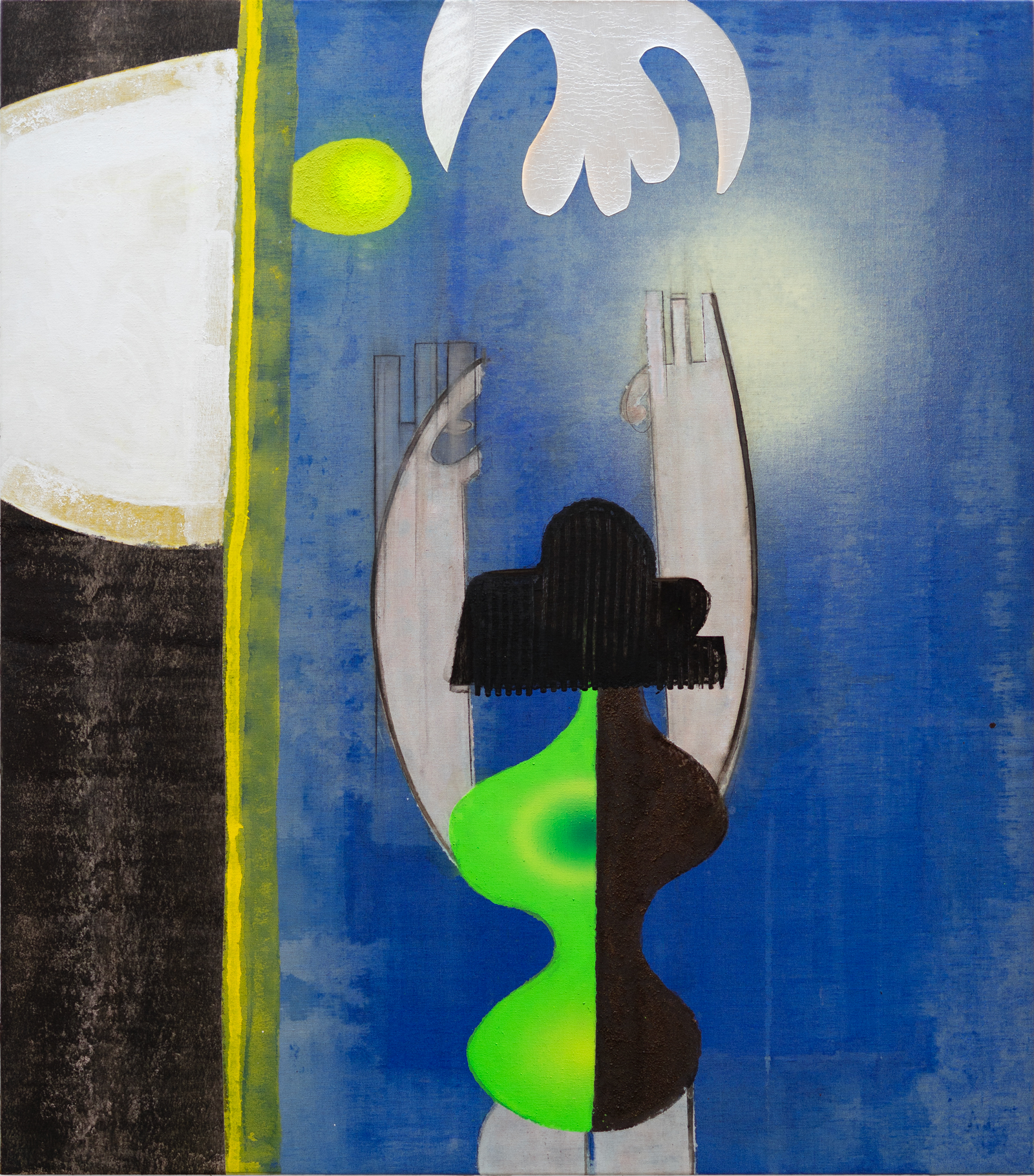 Wearing a Mountain, 2025Acrylic, pigment, aquarellable pencil and alluminium collage on linen170 x 150 cm