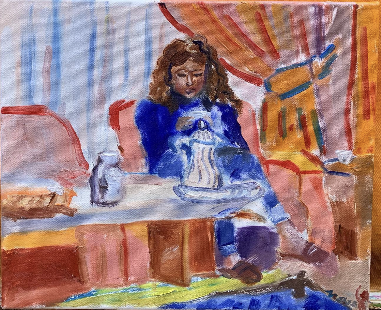 Girl Drinking Saudi Coffee - Oil on 12x14" Canvas - 2020