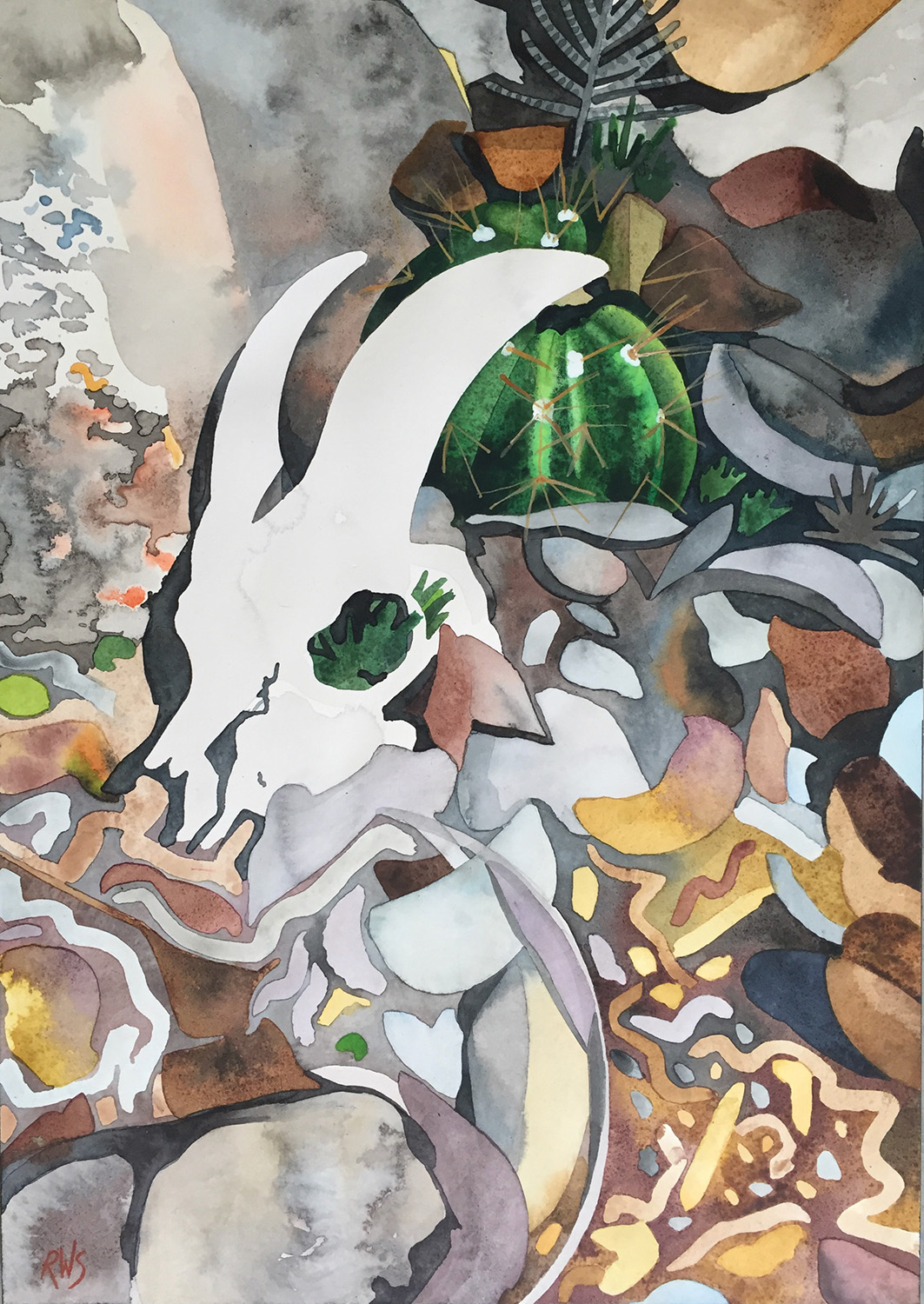 goat skull. watercolor and ink on arches. 20 x 14 inches