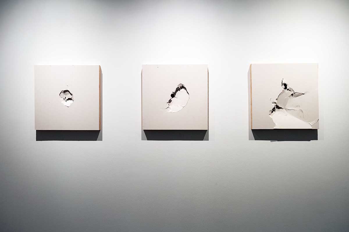WHITE WALLING (Throwing Rocks installation) – 24"x24" ea. – plaster on wood
