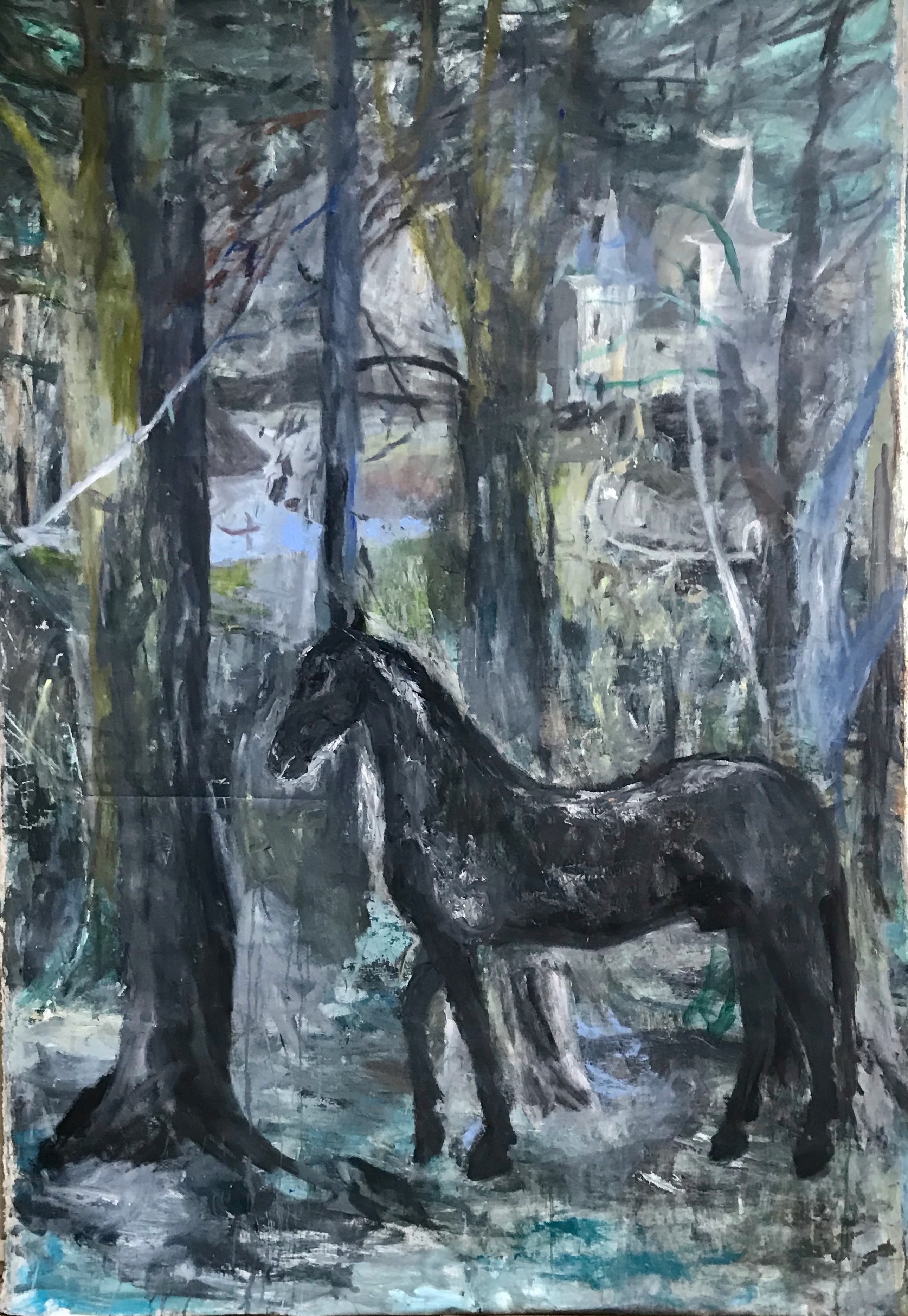 Black Horse at Leifnoreis, oil on canvas, 224 x 140 cm