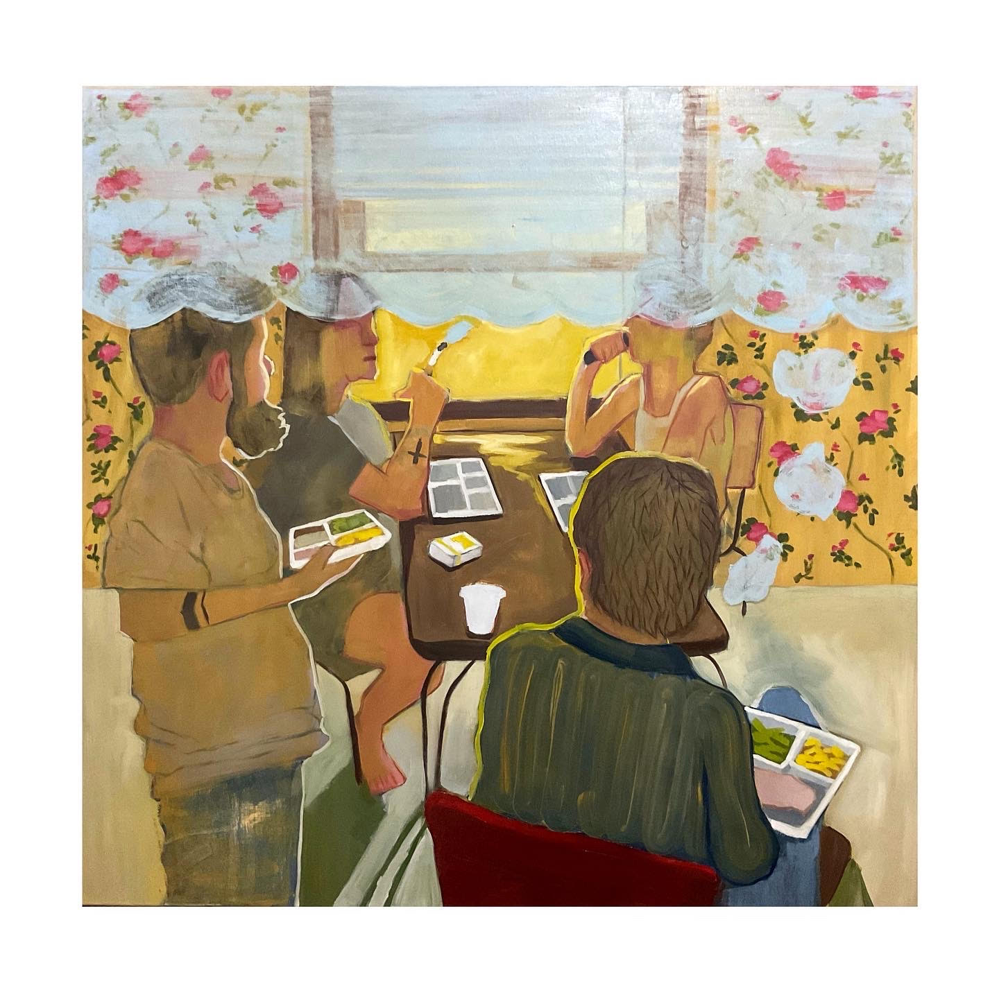A painting of four people with light skin tones are sitting and standing around a small kitchen table, dressed casually, and seem to be eating identical microwave dinners. A veil of smoke takes up the top 3rd of the image from a cigarette being smoked. The painting is rendered in a flattened dream-like style, and the overall color tone is very warm.