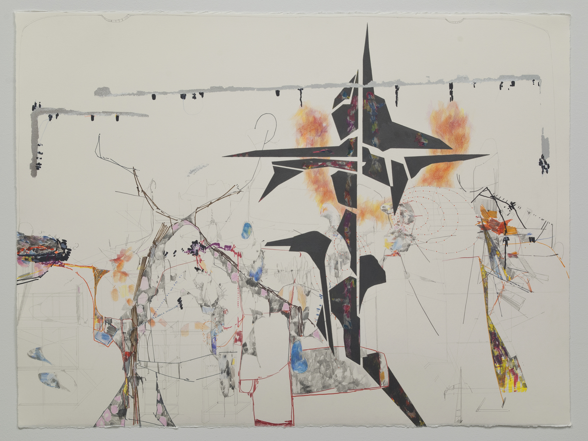 combative grace  Ink, graphite, colored pencil and aluminum leaf on paper.  2014 - 23 x 30