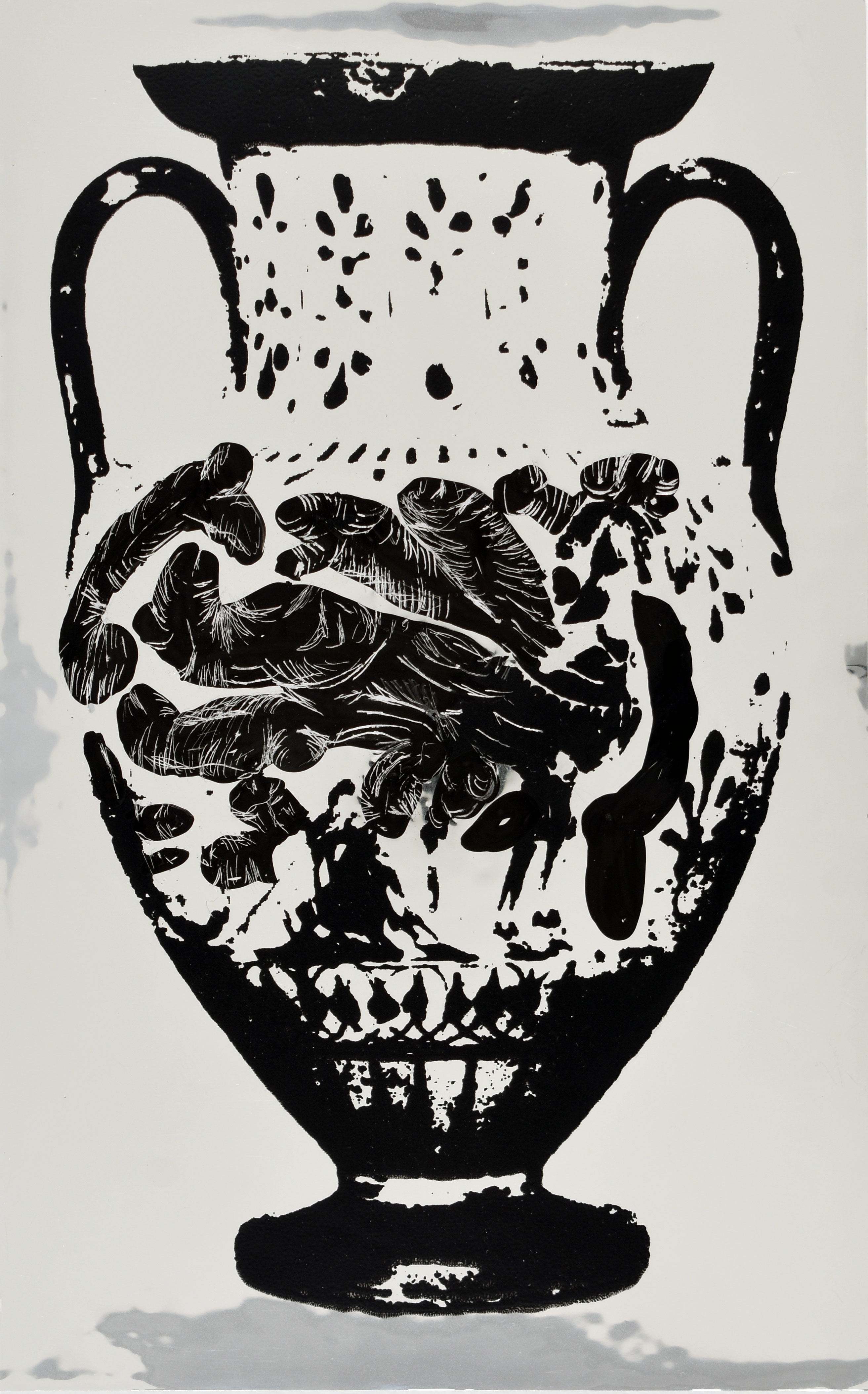 12135 (M.DR.01) A: Warrior Between Scythian Archers. B: Warrior Departing (?), Chariot, Athena (?), (V1), Screenprint and acrylic drawing on double aluminized polyester film, 9.5 x 5.75 in., 2024