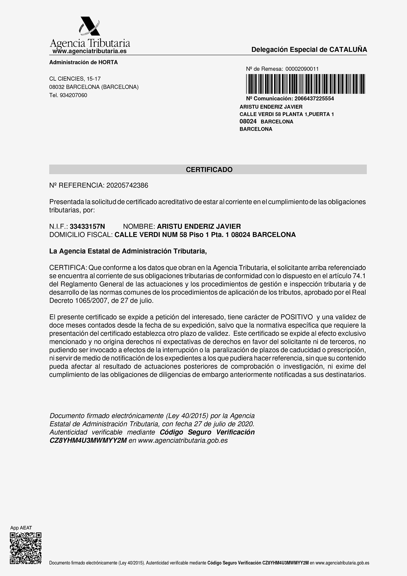 Certificado acreditativo de estar al corriente en el cumplimiento de las obligaciones tributarias, Barcelona, 2020
