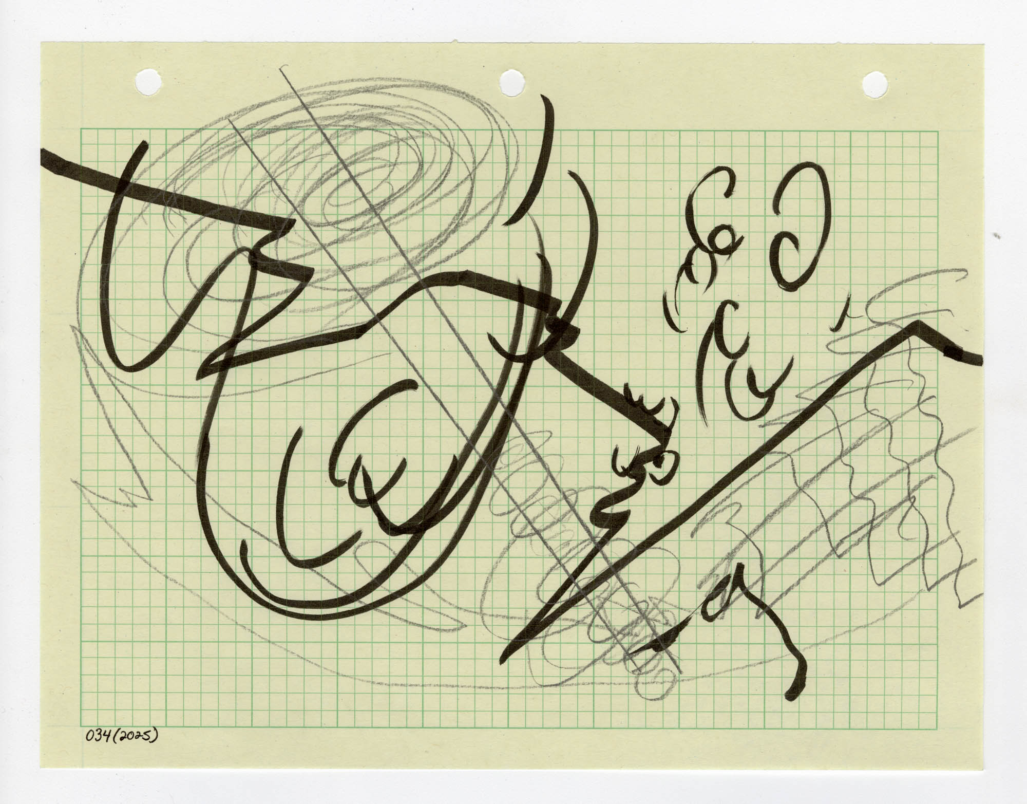 034. 2025. Graphite and marker on graph paper. 11" by 8.5"