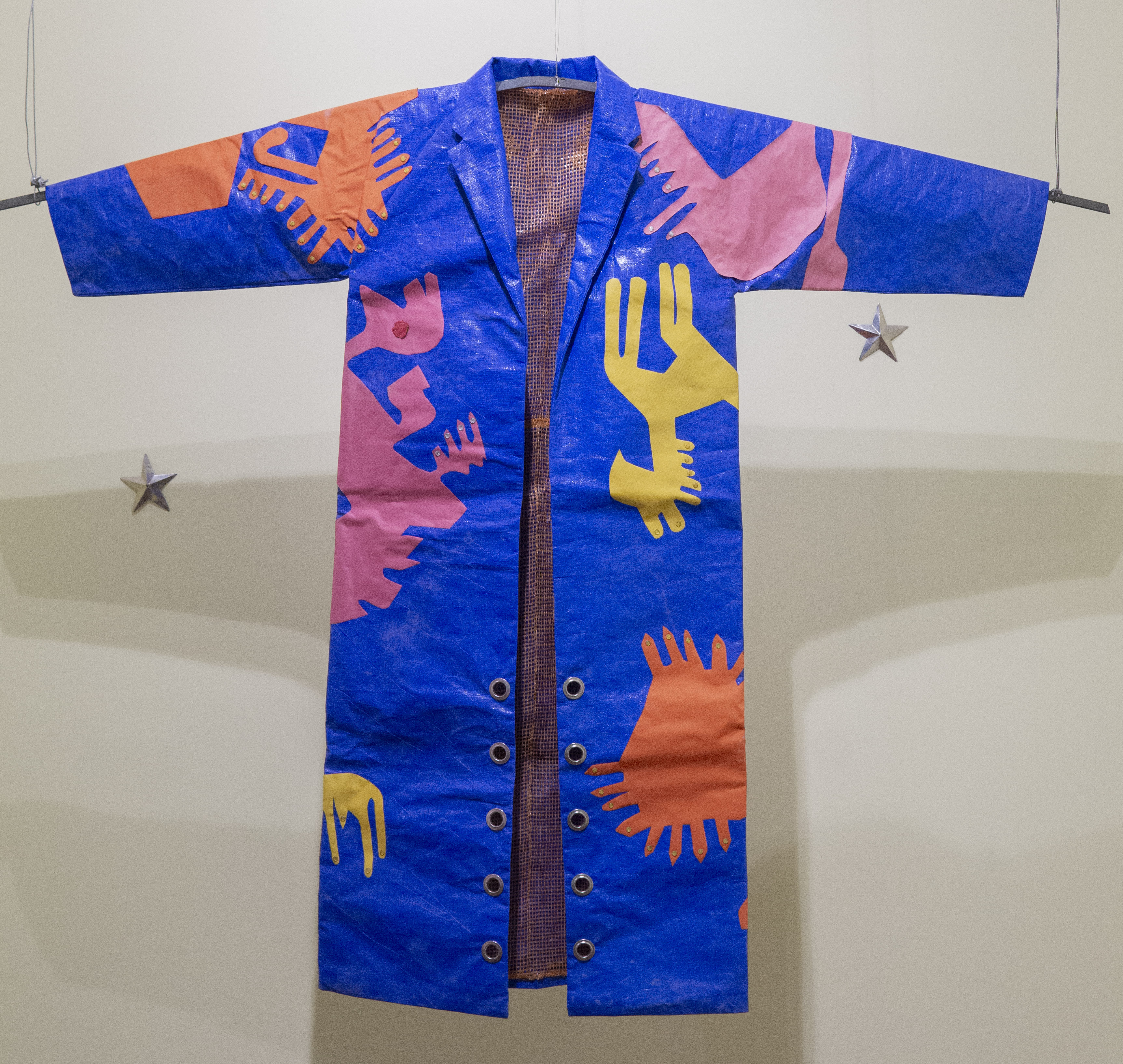 “Blue cape”, 2022, in collaboration with Carla Reyes. Plastic canvas piece with aymara patterns, 170cm x 150cm Cultural Centre of Spain, La Paz, Bolivia