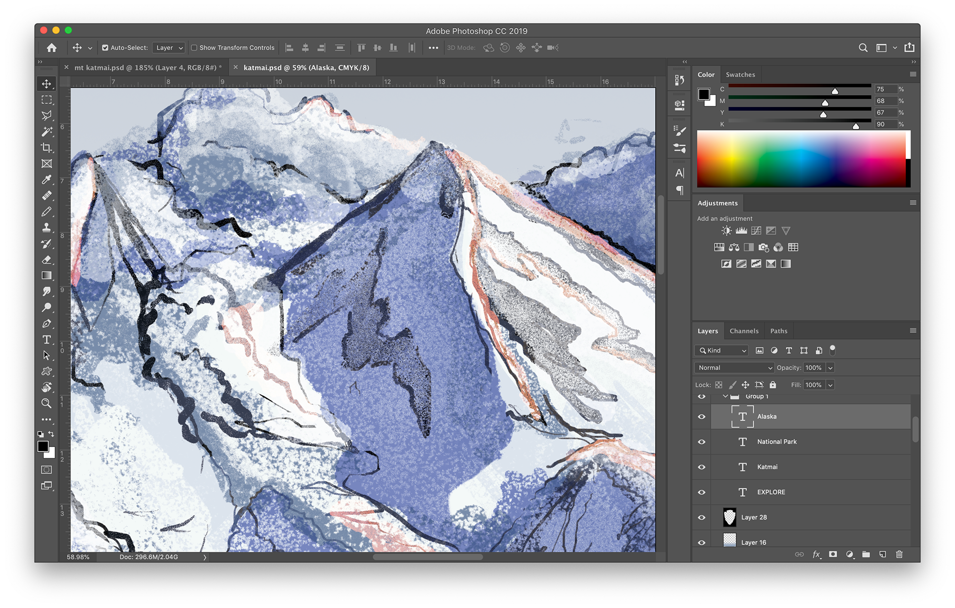 My work setup. Visible here: a close up of the painted poster, opened in Adobe Photoshop.