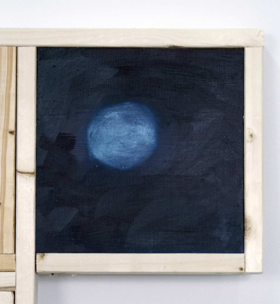 Detail of Suncatcher (And Lou Reed Playing), 2018, dimensions variable. Wood, screws, concrete blocks, steel chain, steel clip, epoxy resin, oil on panel