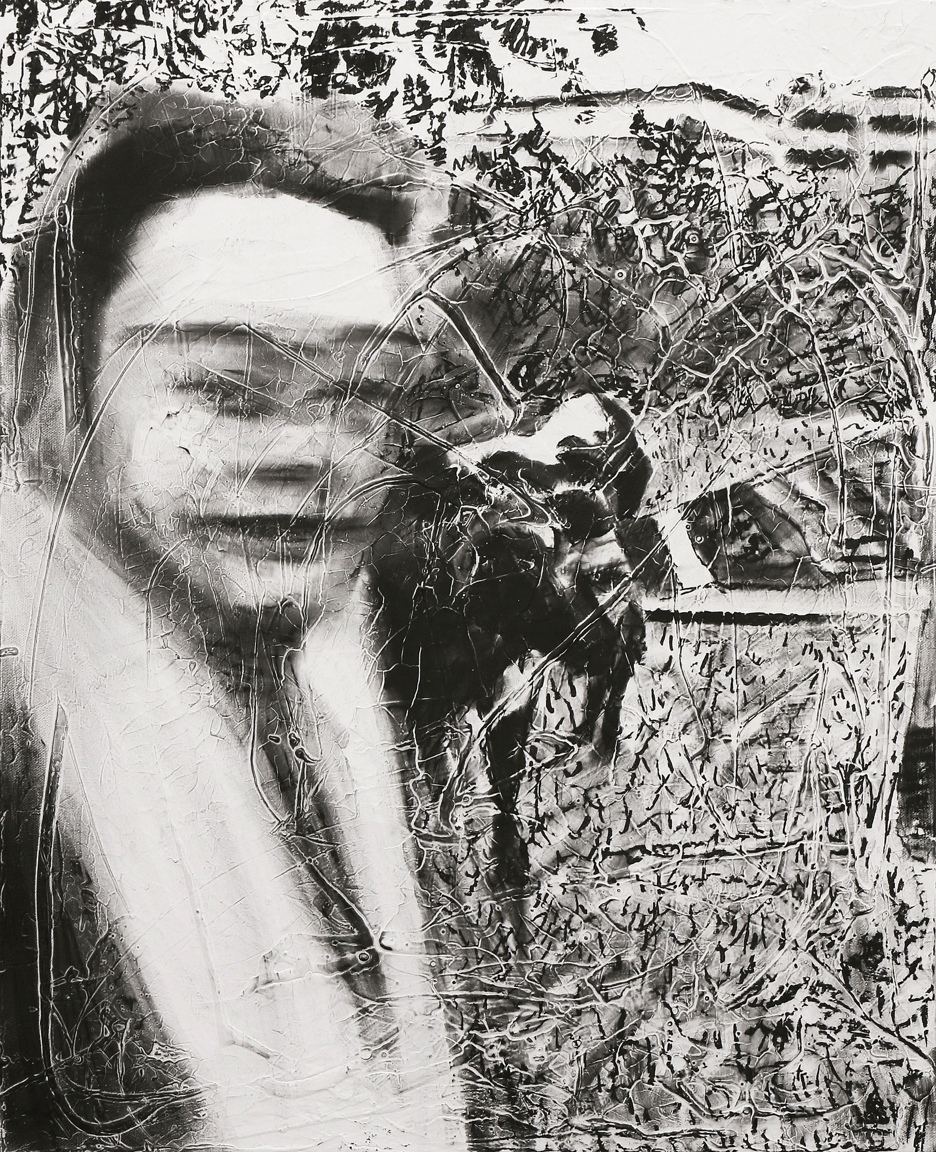 Woman and cow, 2019, charcoal, industrial paint on abandoned canvas, 65.1*53(cm)