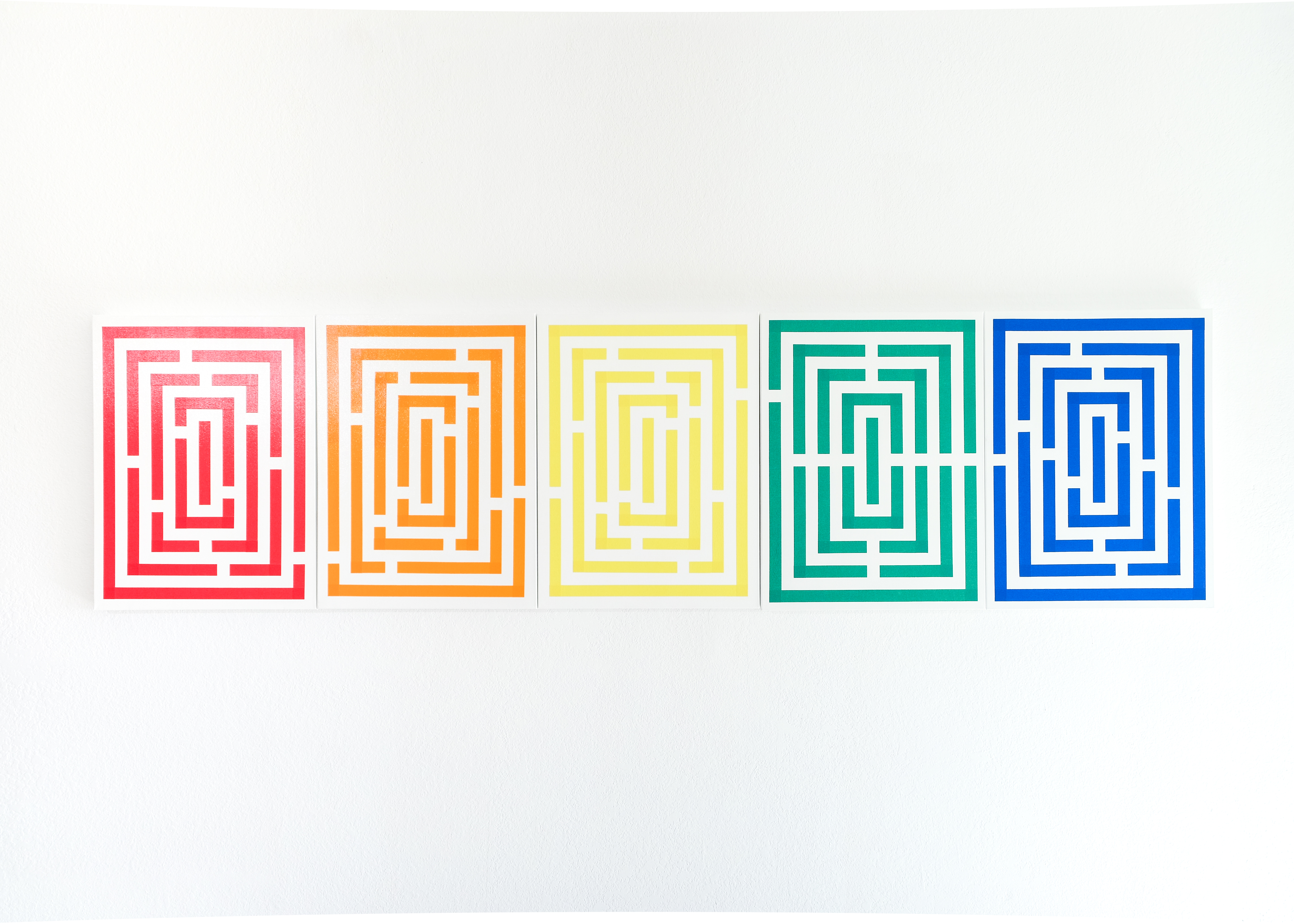 Mazes 01 &mdash; 05, 2019, Tape and acrylic on canvas, 24 x 90 in, Installation view