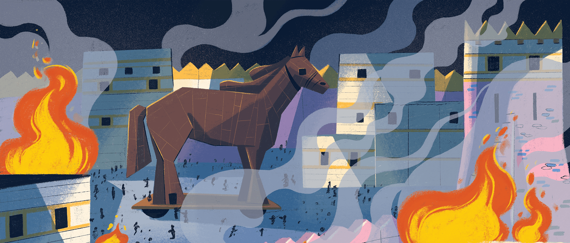 The city of Troy under attack with the wooden horse in the middle of the square.