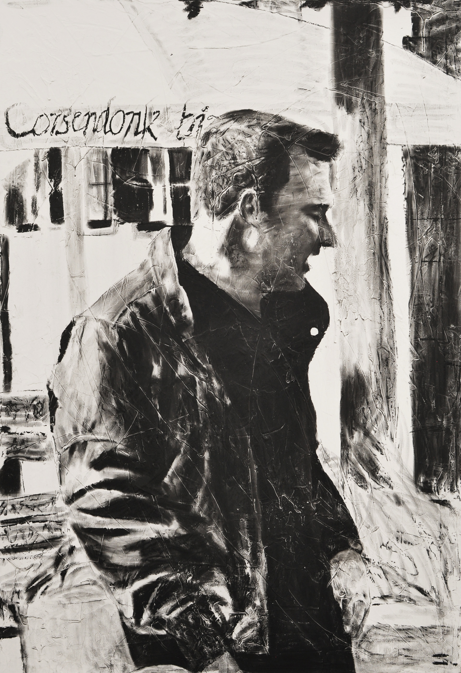 Angry guy with beautiful afternoon, 2017, charcoal, industrial paint on abandoned canvas, 130.3*89.4(cm)