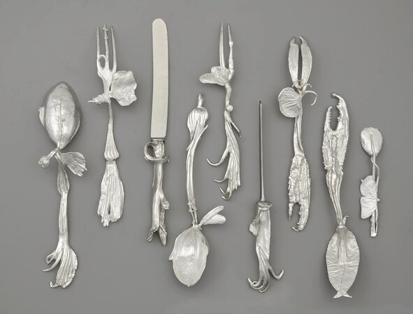 Claude Lalanne, Couverts de Iolas (Cutlery for Iolas), undated, based on 1966 design. 9-piece place setting, sterling silver, steel blades. Private collection. Artwork- Â© 2021 Artists Rights Society (ARS)