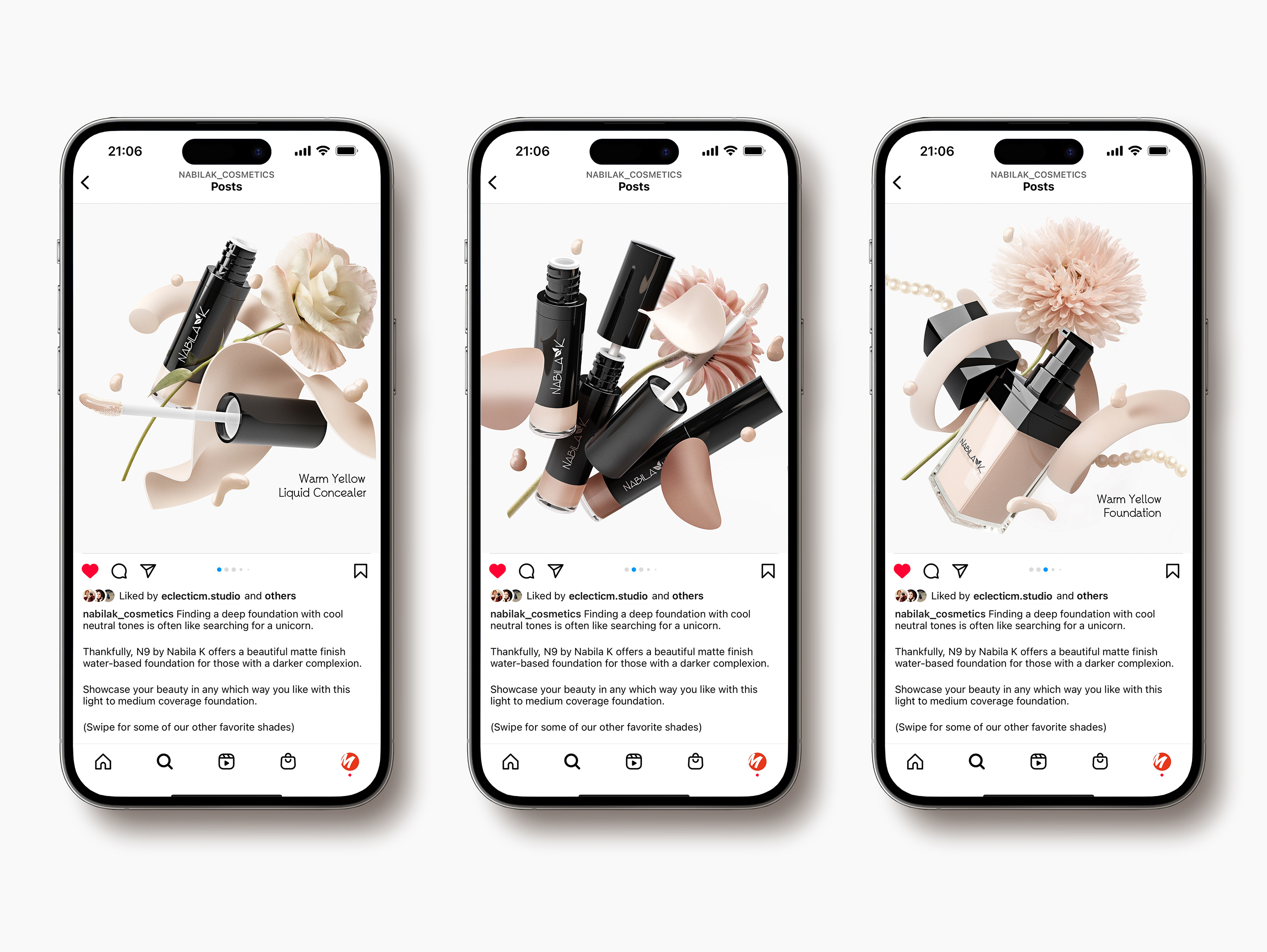 Social media campaign for the concealer and foundation products line. Cosmetic product photography. Makeup product styling. Eclectic M Studio.