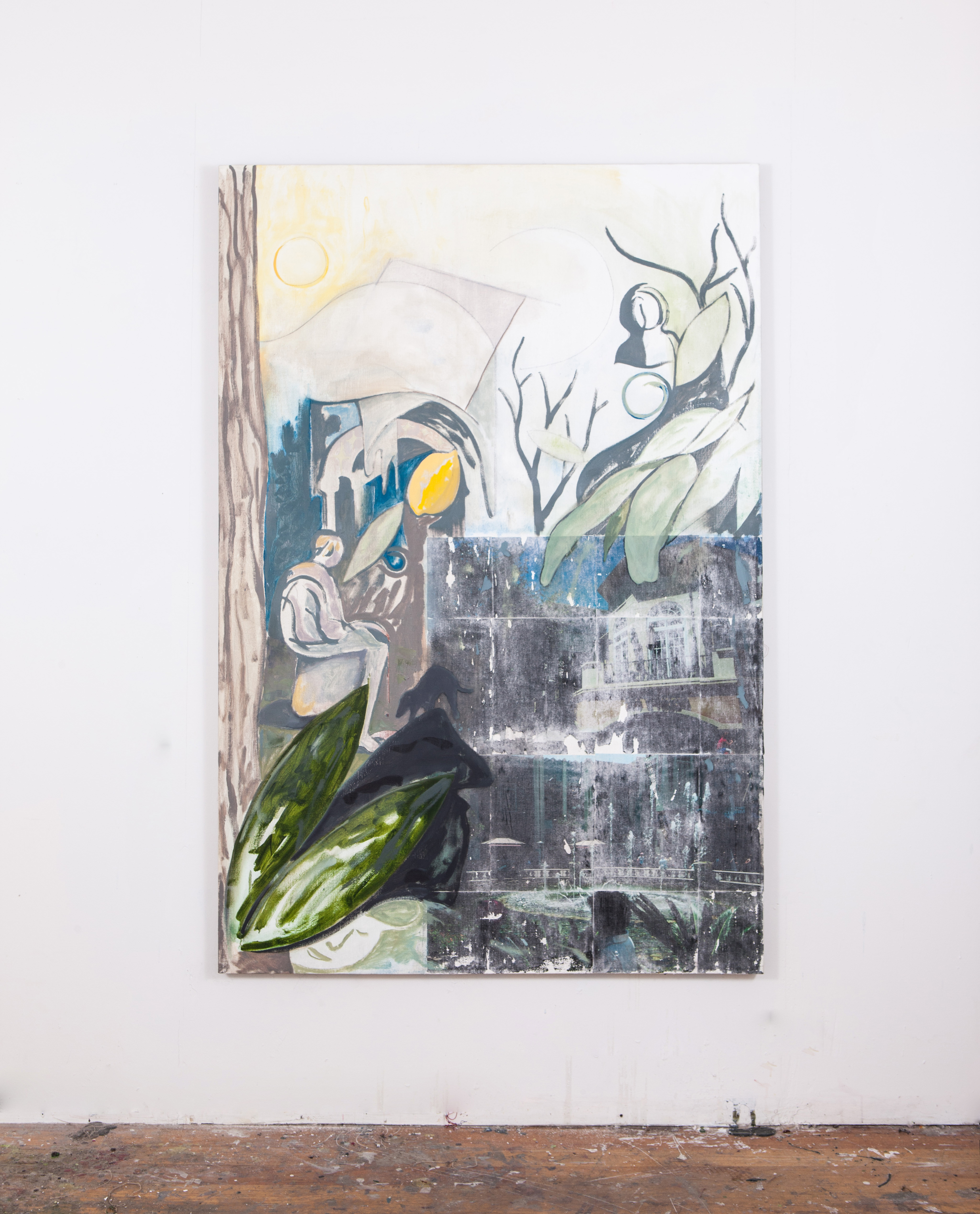 The Grove, 2017, Oil, Image Transfer, Charcoal, and Graphite on Linen, 64"x43"