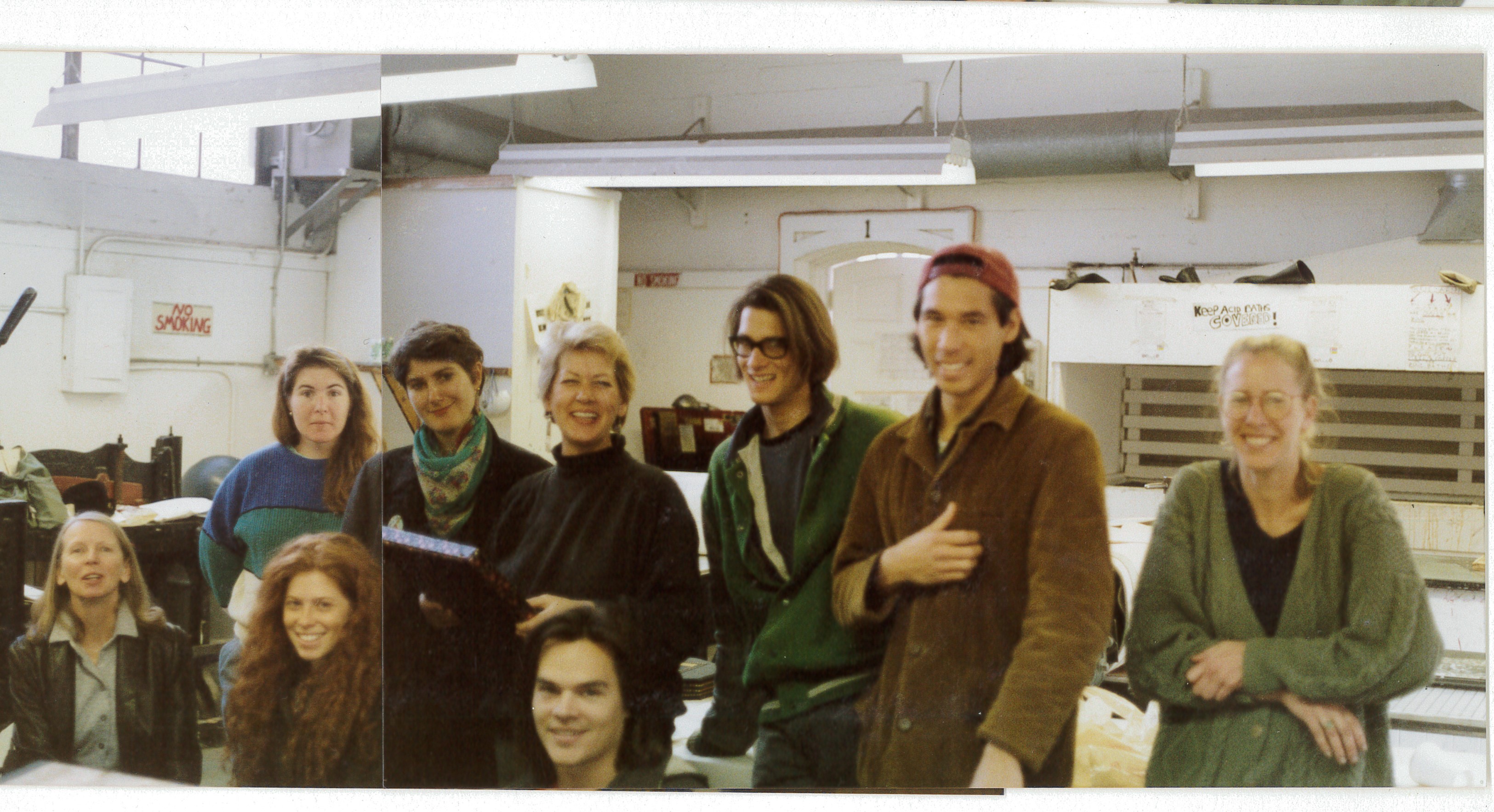 Printmaking faculty member and alumnus Charles Hobson taught artists’ book classes from the late 1980s through 2012. Introduced in the early 1980s by printmaker Richard Graf, artists’ books became a robust program at the school under Hobson. Hobson’s scrapbooks documenting his classes, his students, and their artists’ books are in the school’s archives. This image is of the fall 1990 class that included Mary Marsh, Barry McGee, Cheryl Coon, Brigitta Wolman, Stephen Faulk, and more. 