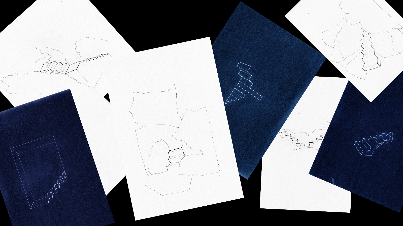 Pages of an experimental project of pencil line drawn stairs in chili by Leroy Elisabeth