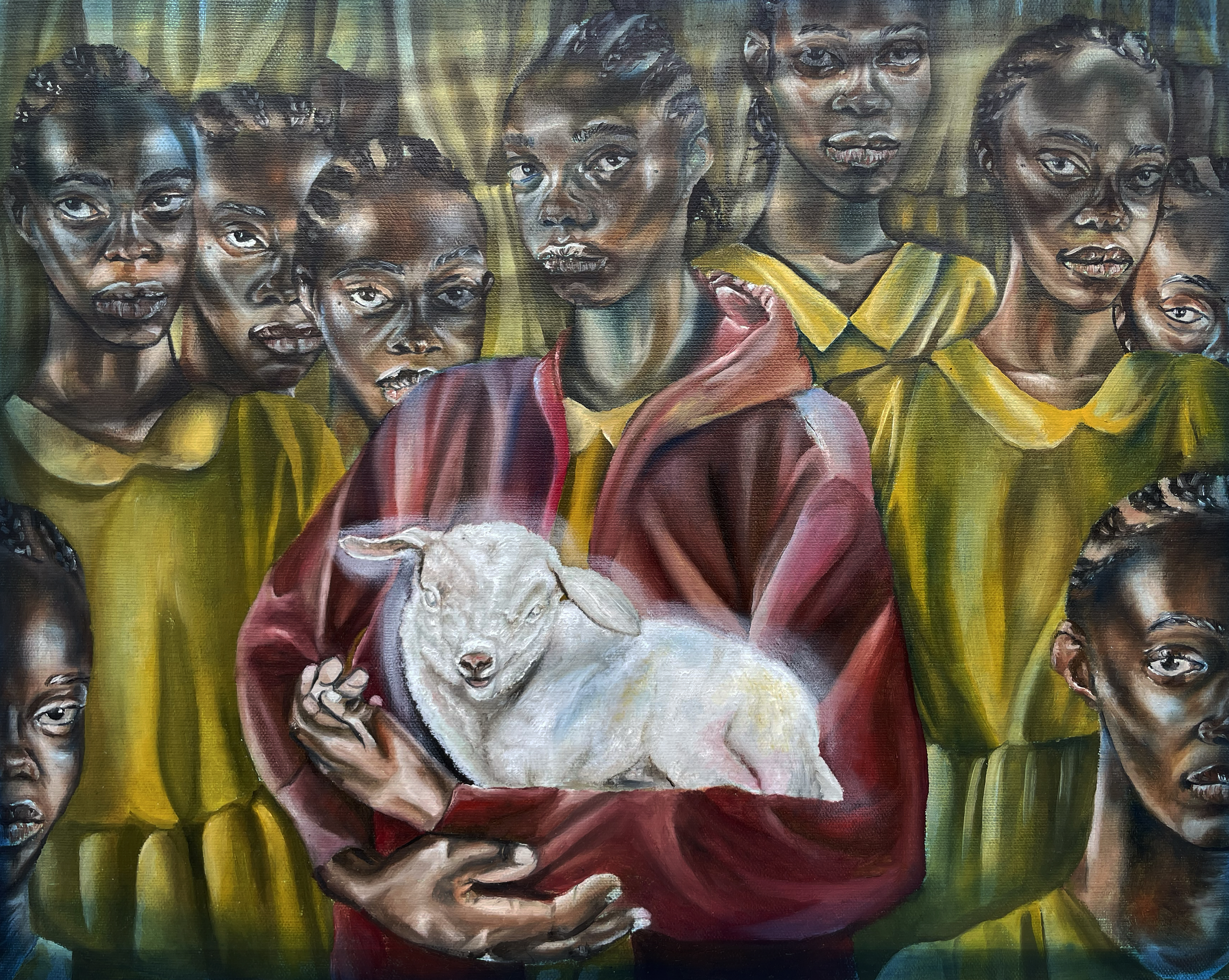Lamb among a homogenous choir, 2023, oil on acid-free double primed wrap resistant recycled MDF board, 14" x 18"