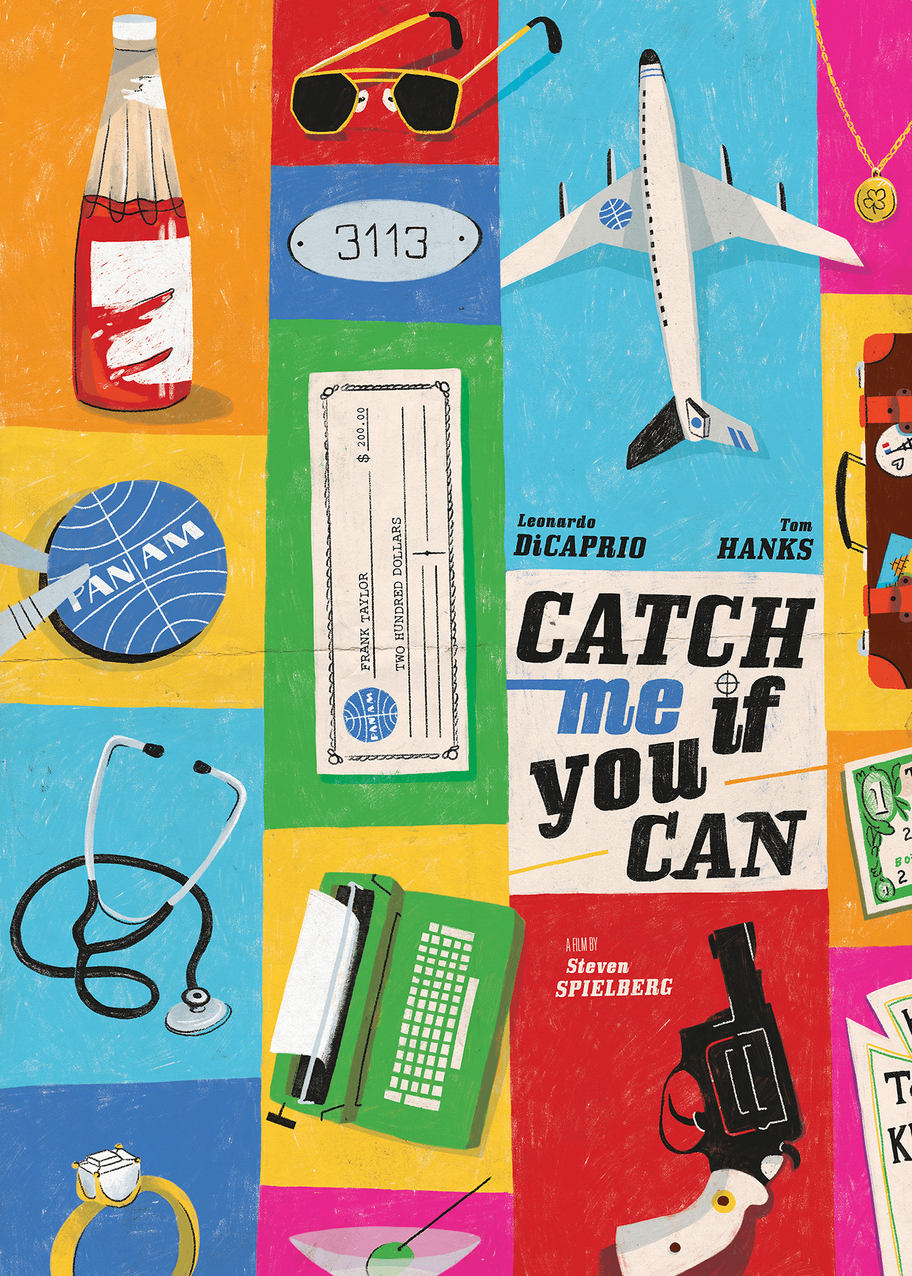 A bottle of ketchup, sunglasses, a typewriter, a gun and an aeroplane.