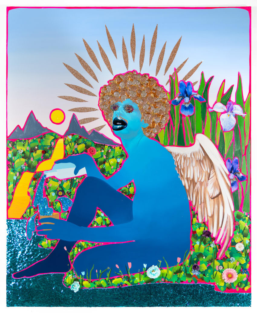 A highly stylized figurative painting features a mostly flattened blue silhouette with angel wings and large hair seated on the ground in a simple nature scene, looking upward with differently rendered lips and eyes, as if collaged on top from someplace else.