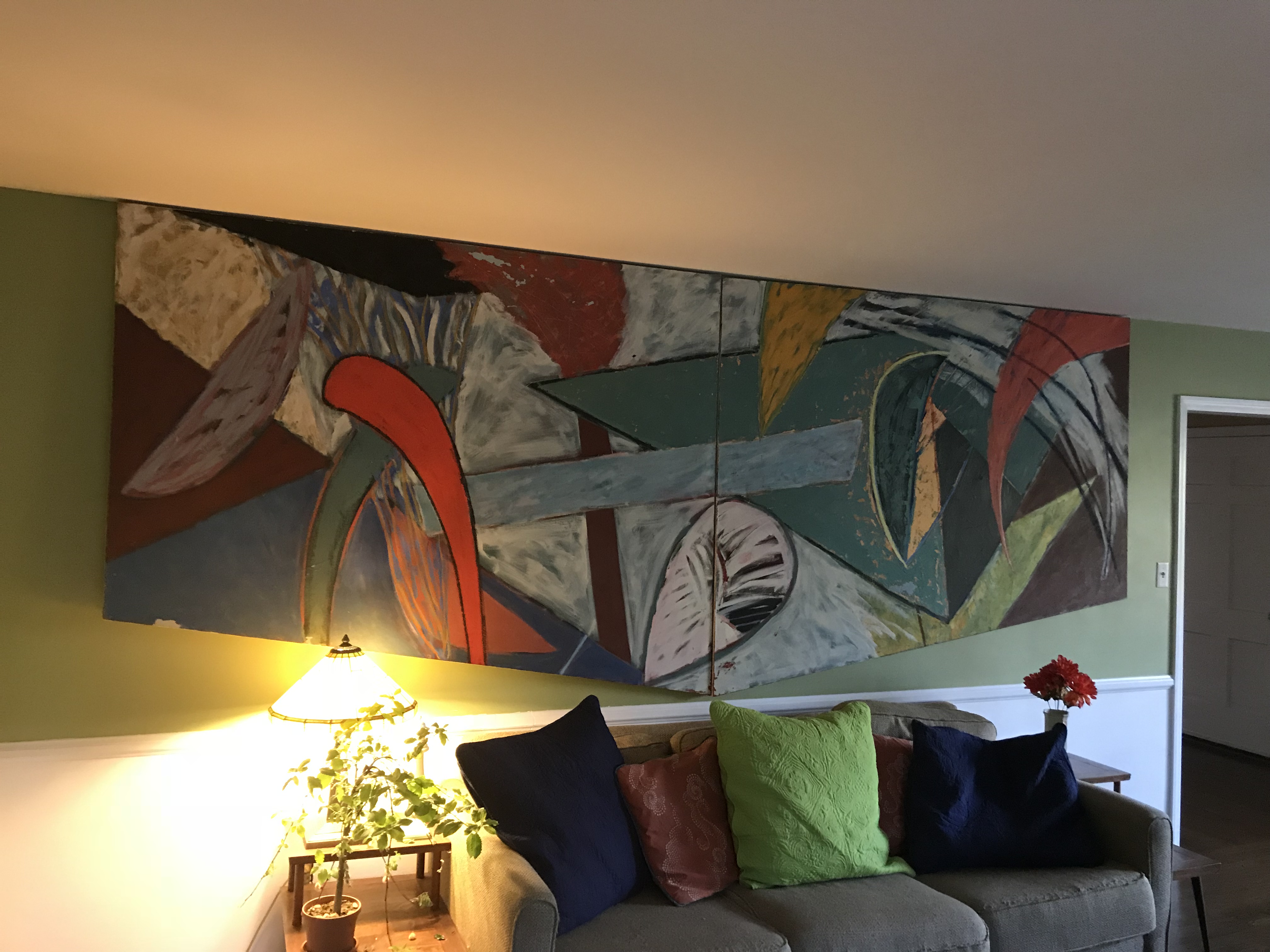 Imminent Reaction. 1983. oil on canvas. 60 3/4" X 156" (shaped diptych) (Priv. Coll.)