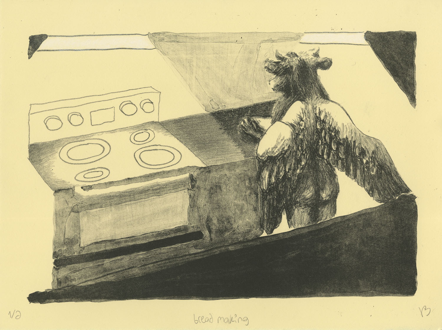 Bread Making2022, Stone lithograph, black ink on cream paper with white chalk pastel, 11x15