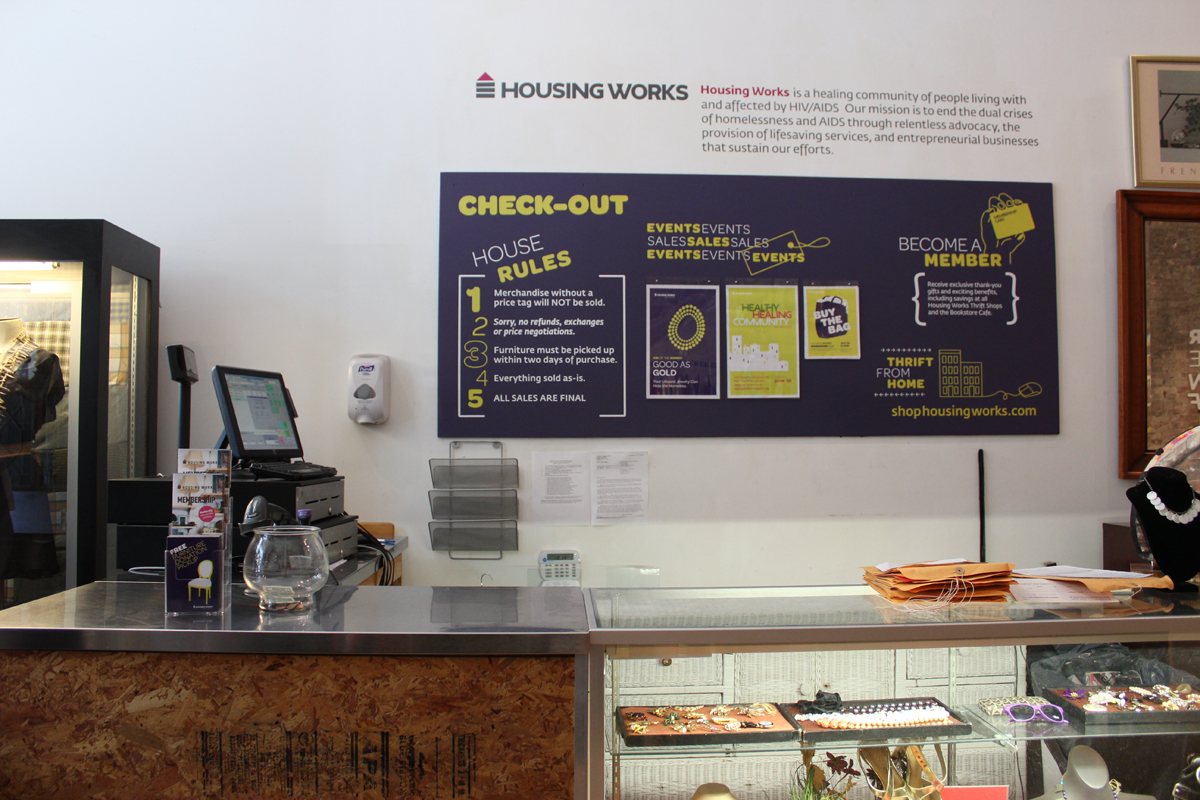Interior signage system for Housing Works Thrift Stores