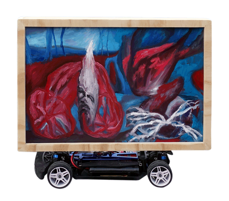 Scuderia Paesaggiofour-wheel remote-controlled painting, mixed media, 53x45x20cm, 2024 · info