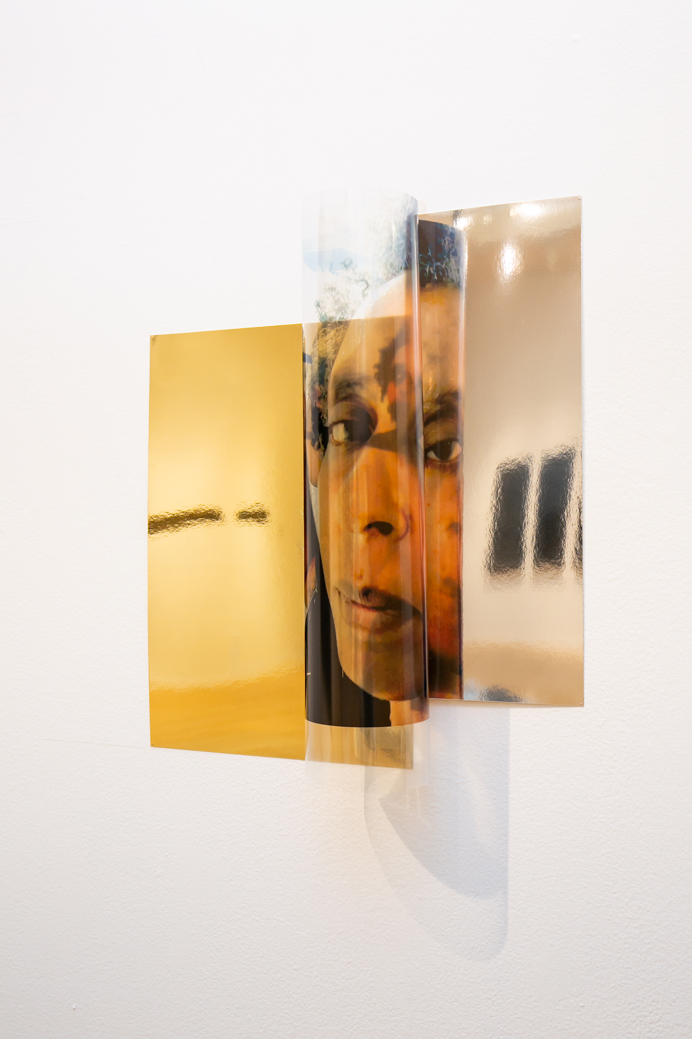 selfing-studies 02 (____) archival-print on clear film, reflective cardboard, dressmaker- pins 2019 16.5 x 23 in. Photo credit: Jeanette Nevarez