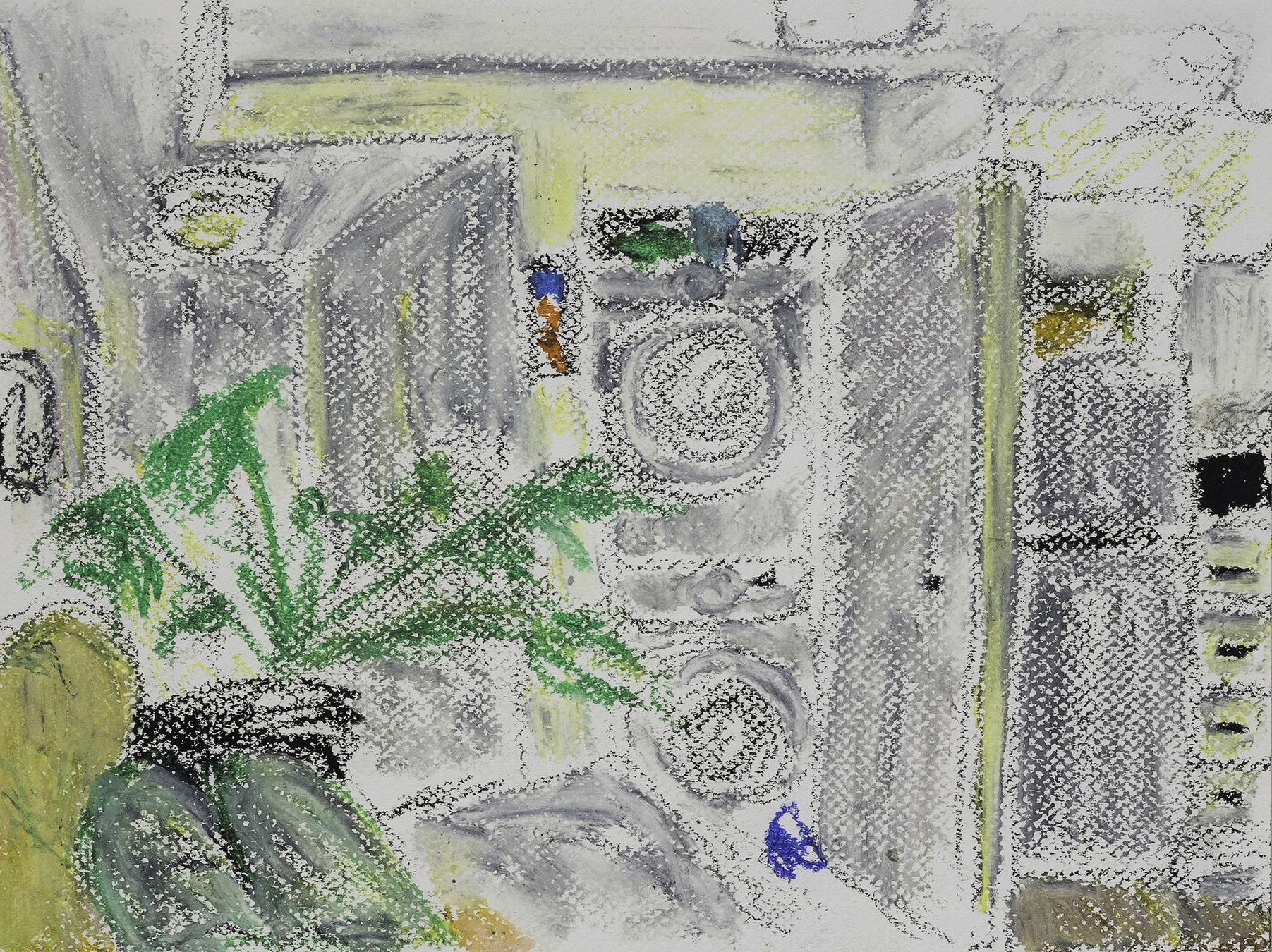 Laundry & Dryer in Silvio's House   (2021)  Interiorism & Exteriorism  12 x 9 in  Oil Bar on Cotton Paper