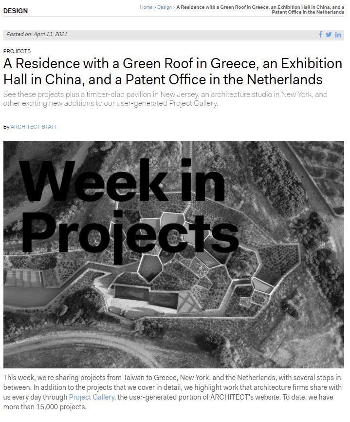 Screenshot of the ARCHITECT Magazine article showing the rendering for the Harbor Pavilion project, featuring a timber-clad pavilion with outdoor seating.