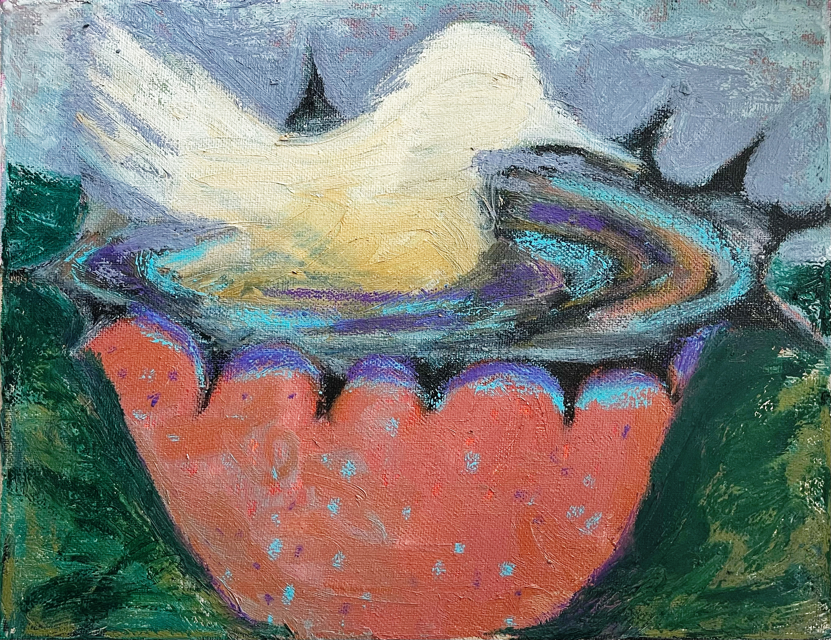 Strawberry Bird Bath (2023), acrylic and oil stick on canvas. 8x11 inches.