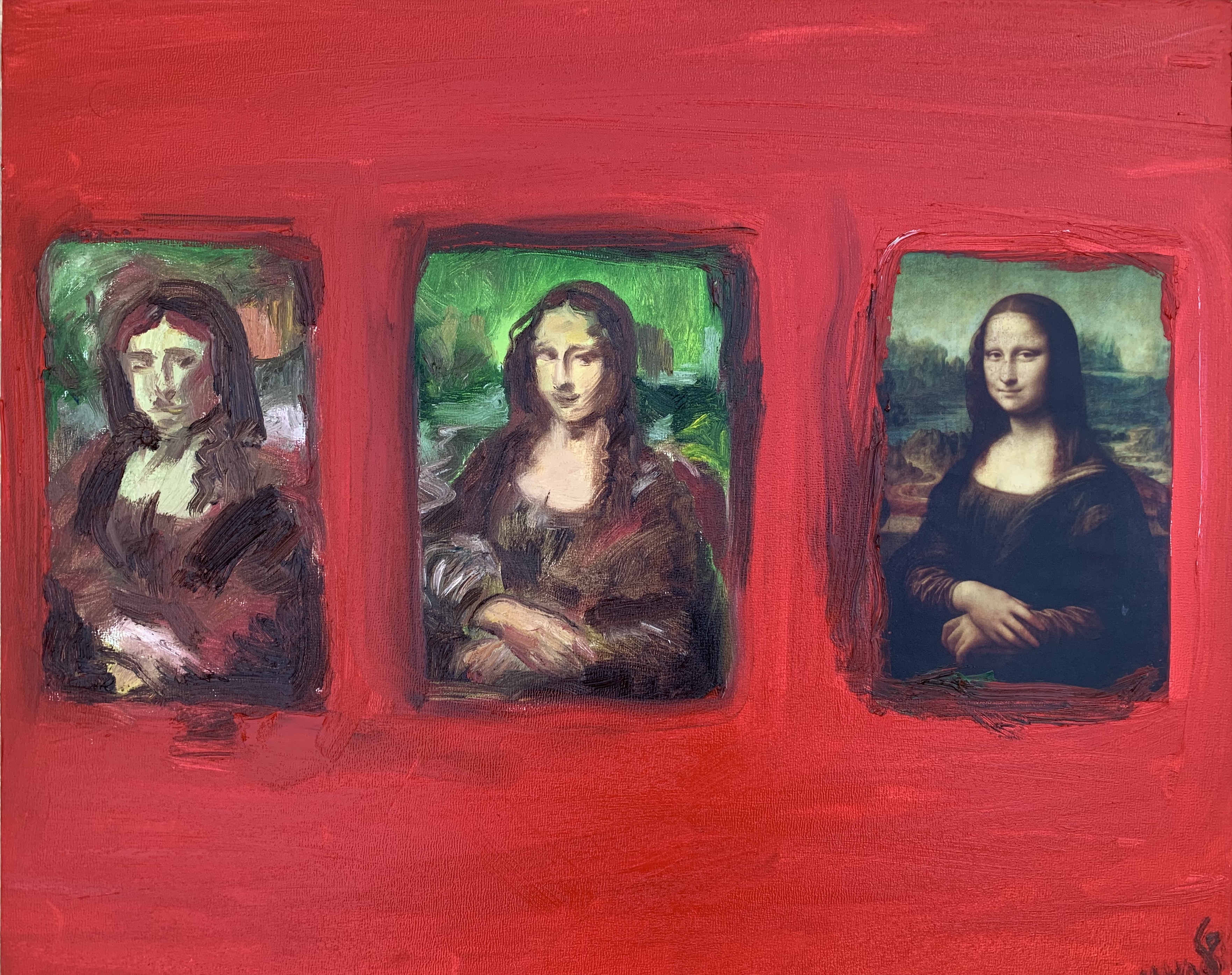 An Attempt to Understand The Monalisa' Mixmedia: Oil and paper on 16x20” wooden board.