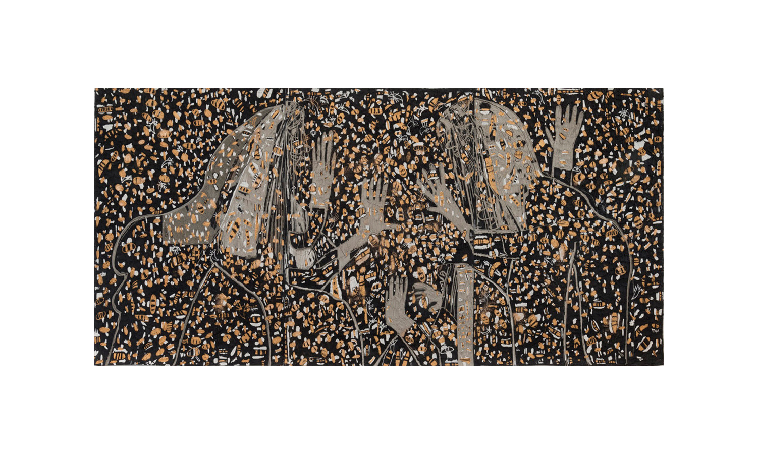 "Beekeepers" 2017, acrylic on aluminum mesh, 69" x 144"