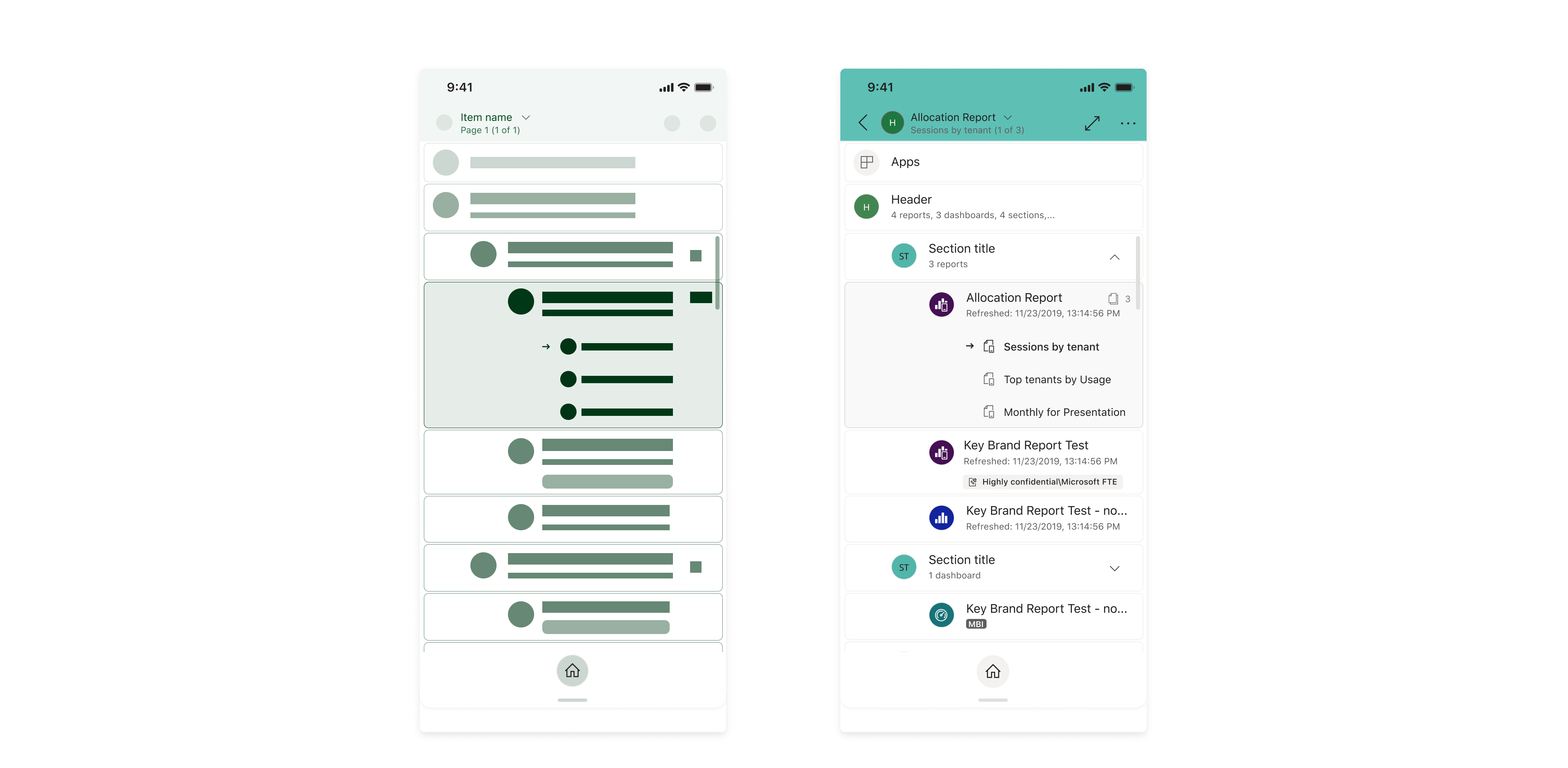 Navigation Tree of a report with 3 pages, in an "App" with 12 items and 3 sub-sections with items, 01.