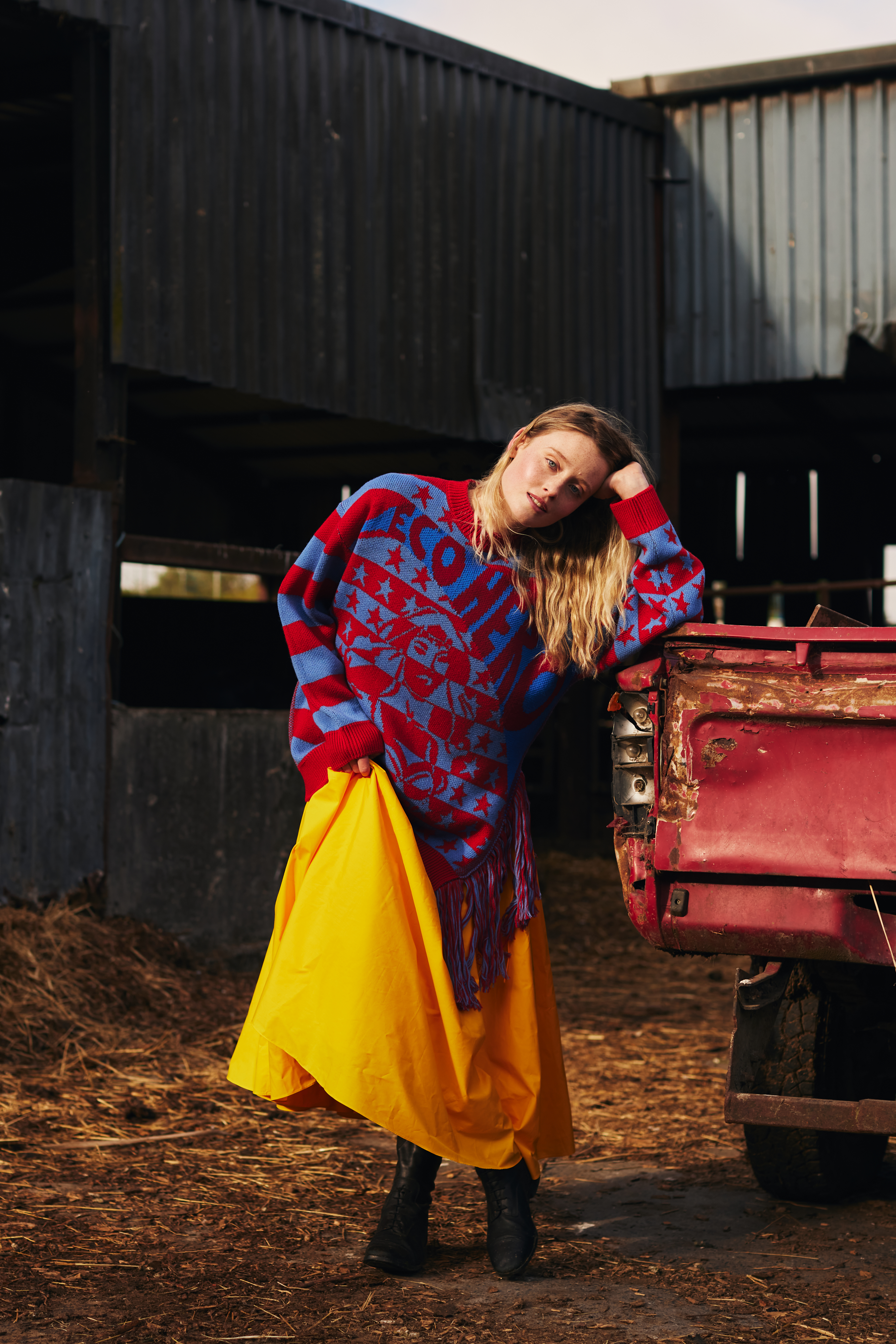 Stylish fashion editorial photoshoot in Dublin, Ireland, featuring a beautiful model unique pieces by Irish fashion designers. Photographed on a farm in Ireland, featuring horses and other farm animals. Photographed for Image Magazine by Alex Sheridan, with fashion stylist Anne O’Shea.