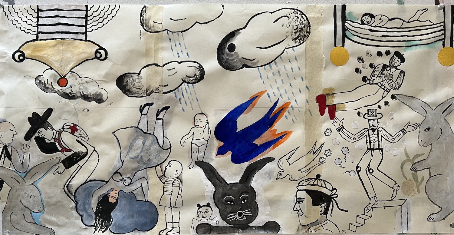 Fay Jones, Chatter, 2022, Acrylic, Sumi and collage on paper, 16.5 x 33 in. (sold)