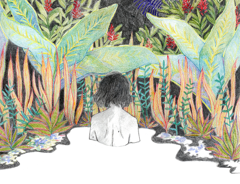 Agnès colorful illustration of a woman in water with flourishing plants,by Leroy Elisabeth