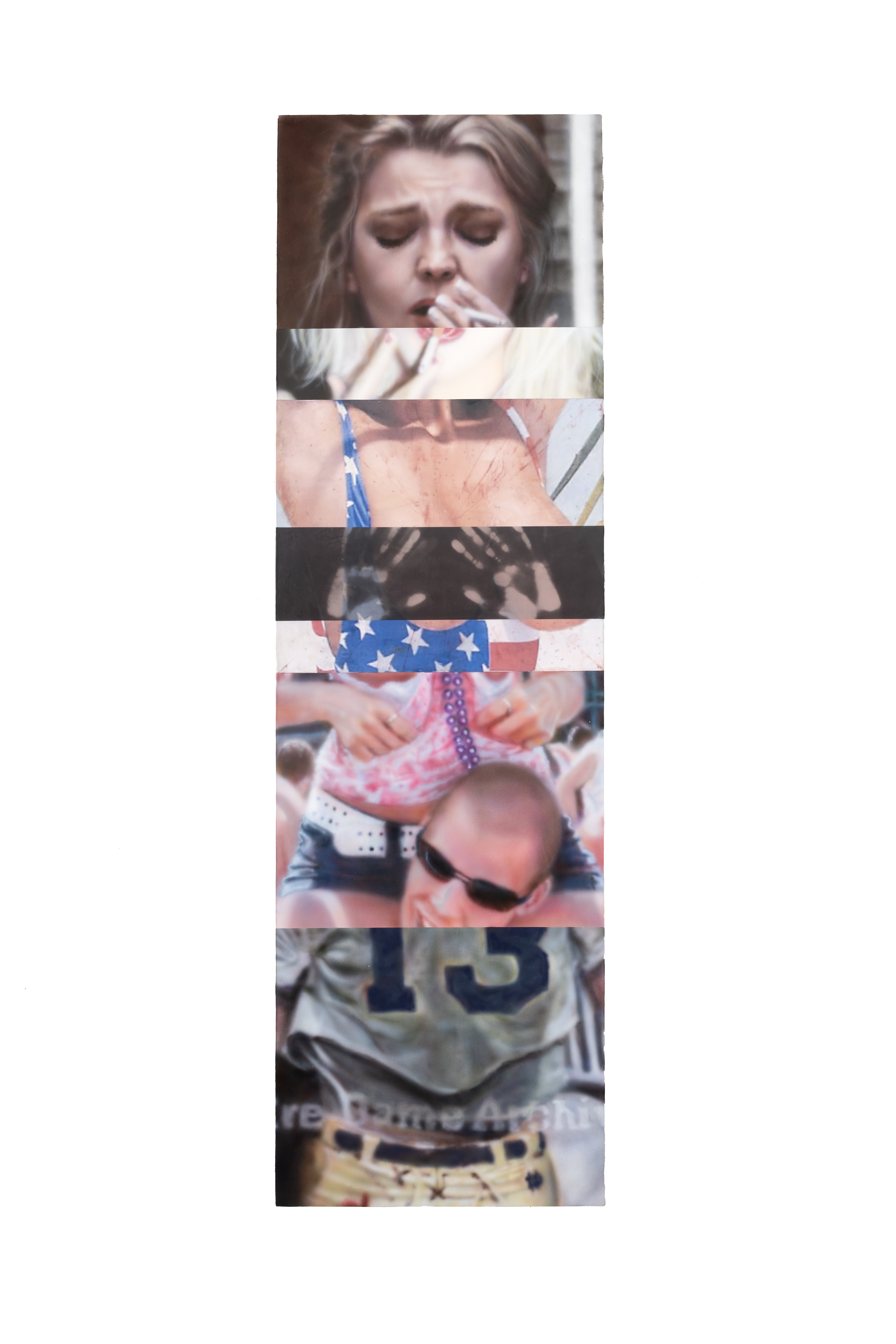 True men, like you men (activated detail) acrylic, pigment transfer, thermochromic Ink, gouache, iridescent ink and glitter on linen 60 in x 18 in 2025