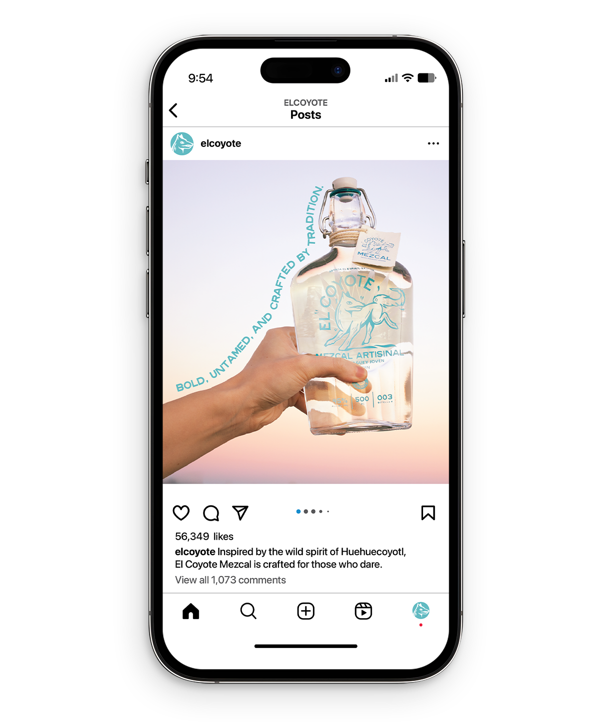 Social media iPhone mockup featuring El Coyote Mezcal bottle on an Instagram account. The posted picture features the bottle behind a sunset background with the caption "Bold, untamed, and crafted by tradition."