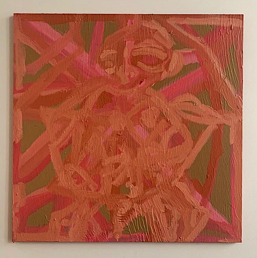Old Man (2020), Acrylic on Board. “I used continuous lines and the colours pink and orange to symbolises the continuous pattern in situations. The old man figure is in reference to a state ward priest and the danger they have on the kids they have in the state wards. My father being a boy in a boys home, he told me stories of a priest sneaking into bed with other kids and throughout my childhood I was always scared of older men, even when I was at the pool once and a man was getting changed and turned to me I ran out crying. The end of the line was in reference to the BLM movement that was happening in June and I was just expressing my gratitude for the people learning and changing their ways. I, as a white passing Bipoc person I mostly depicted colourful people as a form of reconciliation for myself as a coloured person.”