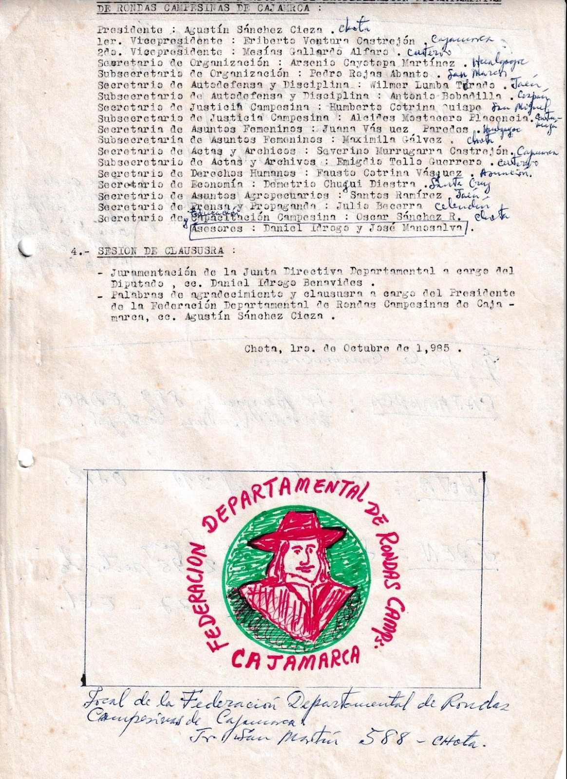 Figure 8. Drawing illustrating the symbolism agreed upon at the First Regional Congress, 1985, as recorded in the minutes: &ldquo;It is hereby approved that the flag of the departmental congress shall be white with a green circle in the centre and a red T&uacute;pac Amaru.&rdquo; Archive of the Federation.