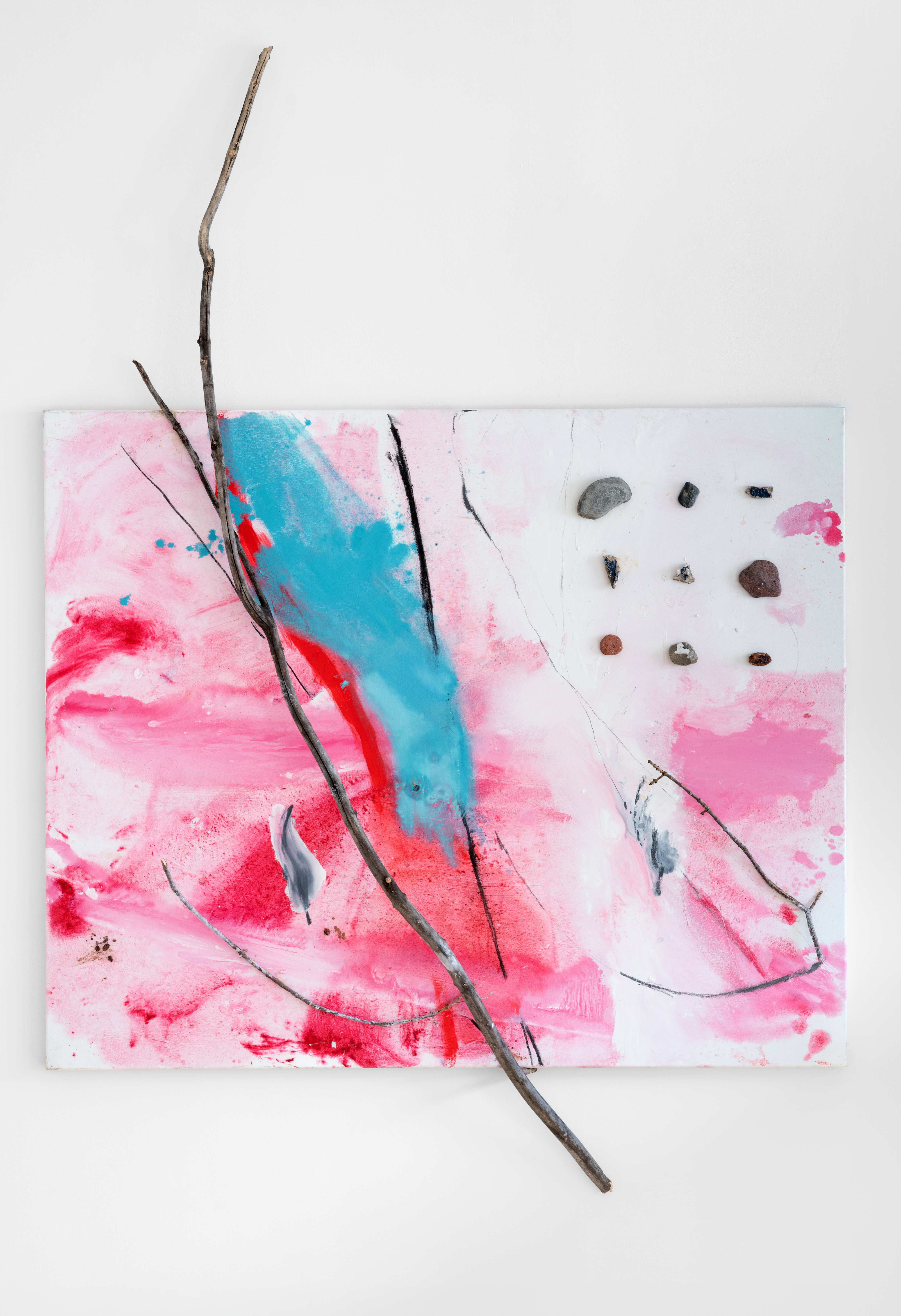   Crossing parallels   canvas is 55"x67"  oil, charcoal, graphite, stones, branches, raisins, date on canvas