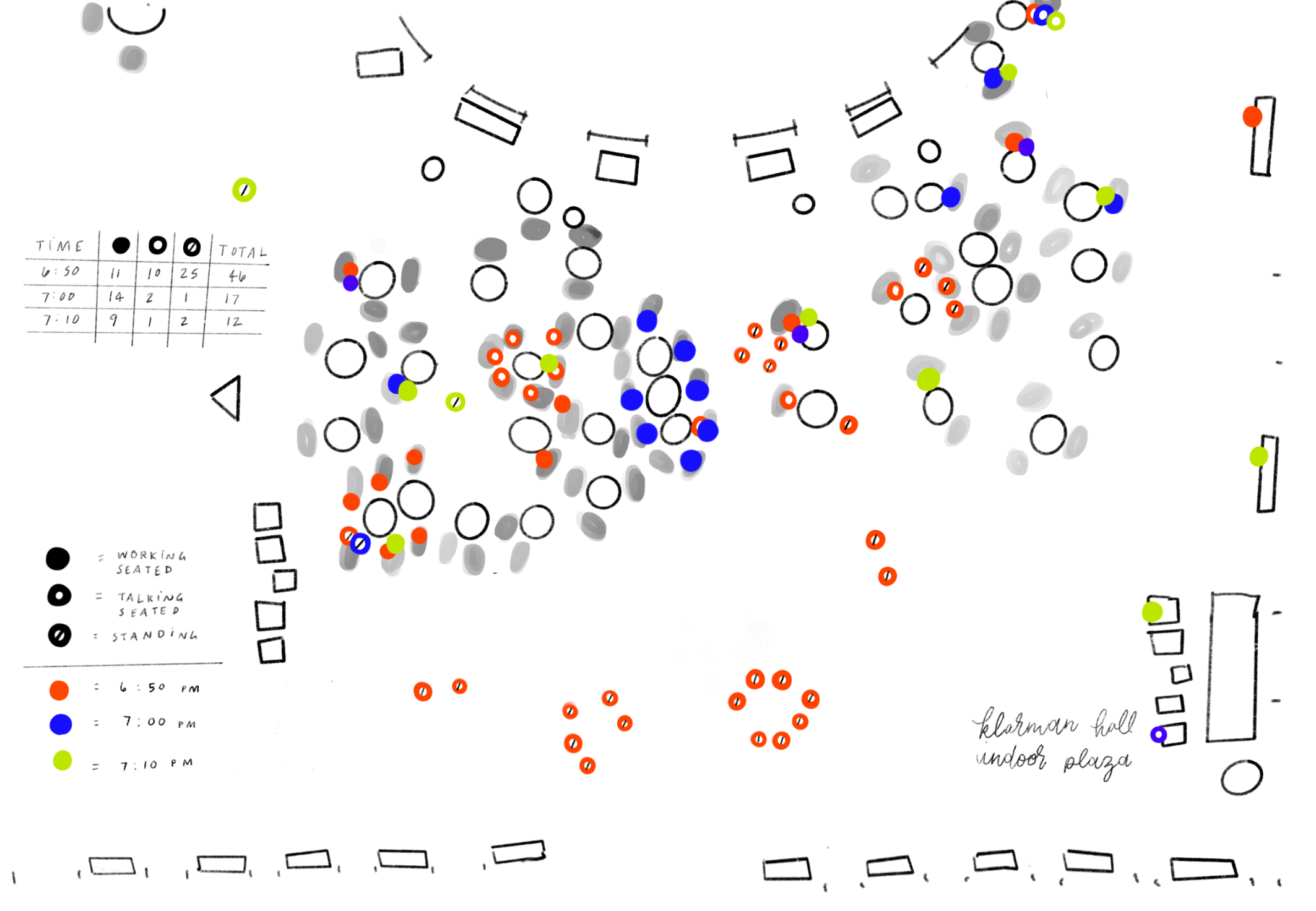 Activity map, visually recording observational data (number, location, and mode of activity) within a centralized campus plaza: Procreate, 2022