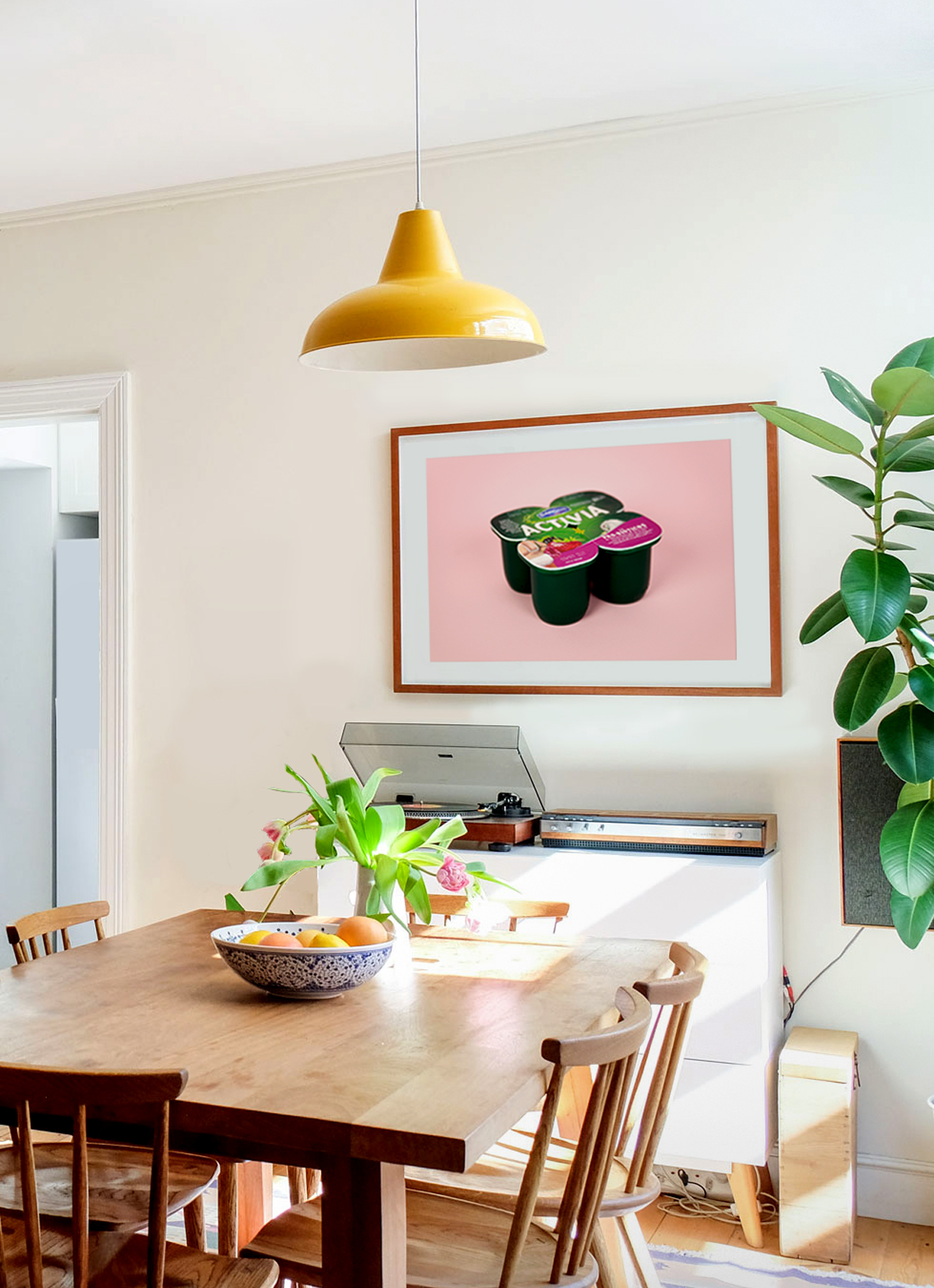 Framed Activia print in the kitchen