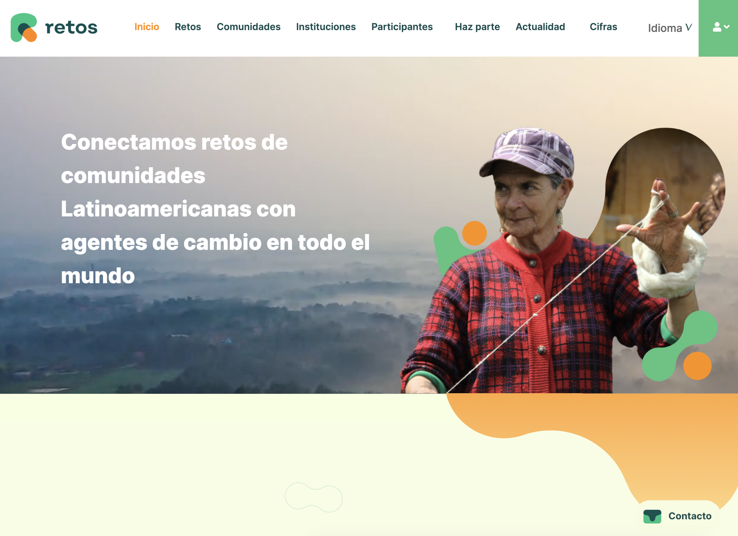 Landing page of the retos.co webpage showing a woman weaving wool