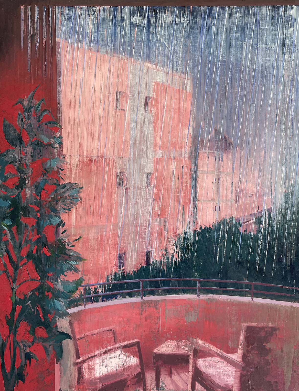 Red Balcony Rain. 170 x 130 cm. oil and acrylic on canvas. 2020 - 2021 - 1/16