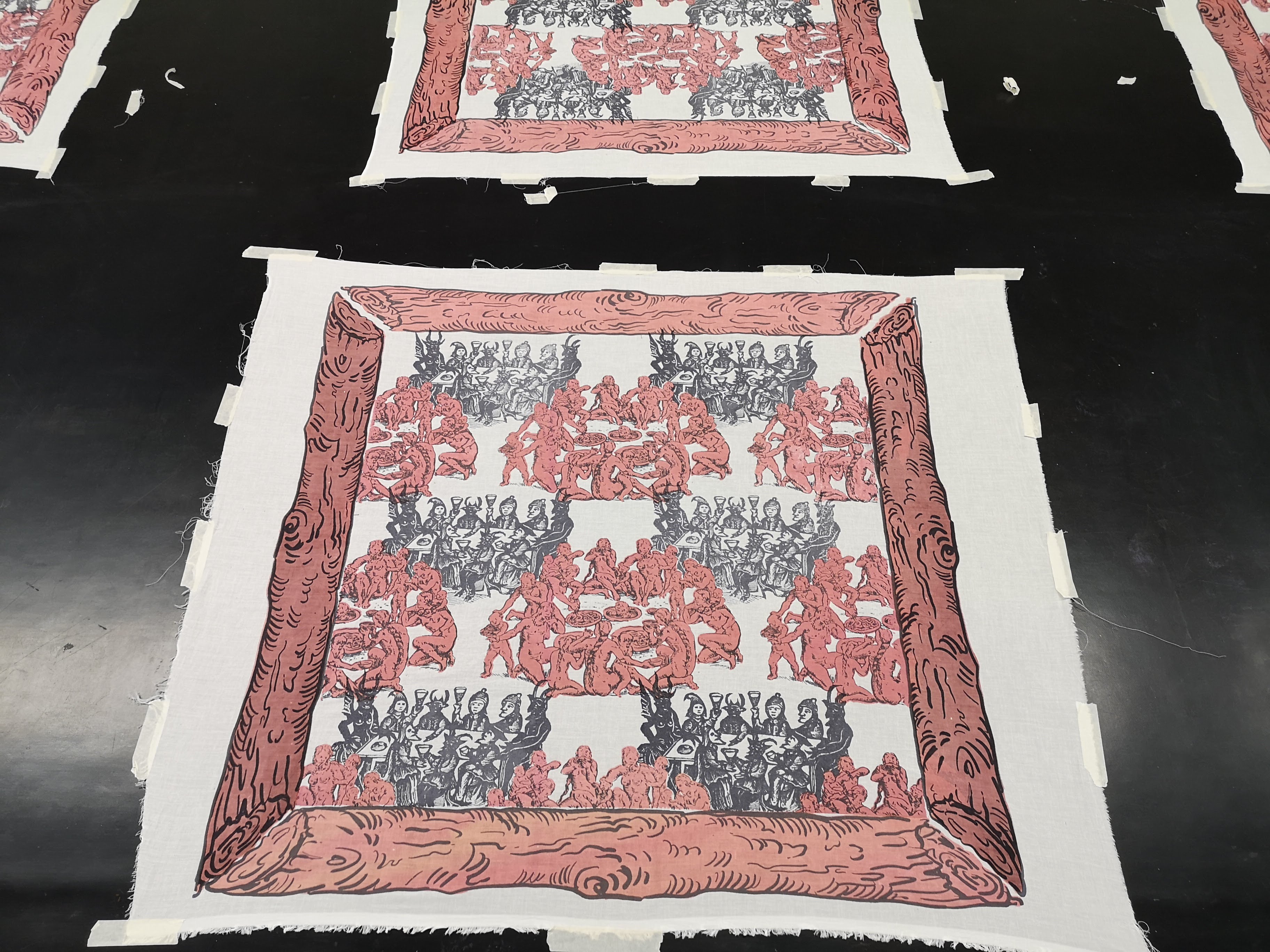 printing headscarves with the cannibal and witches design using logwood, brazilwood, and madder
